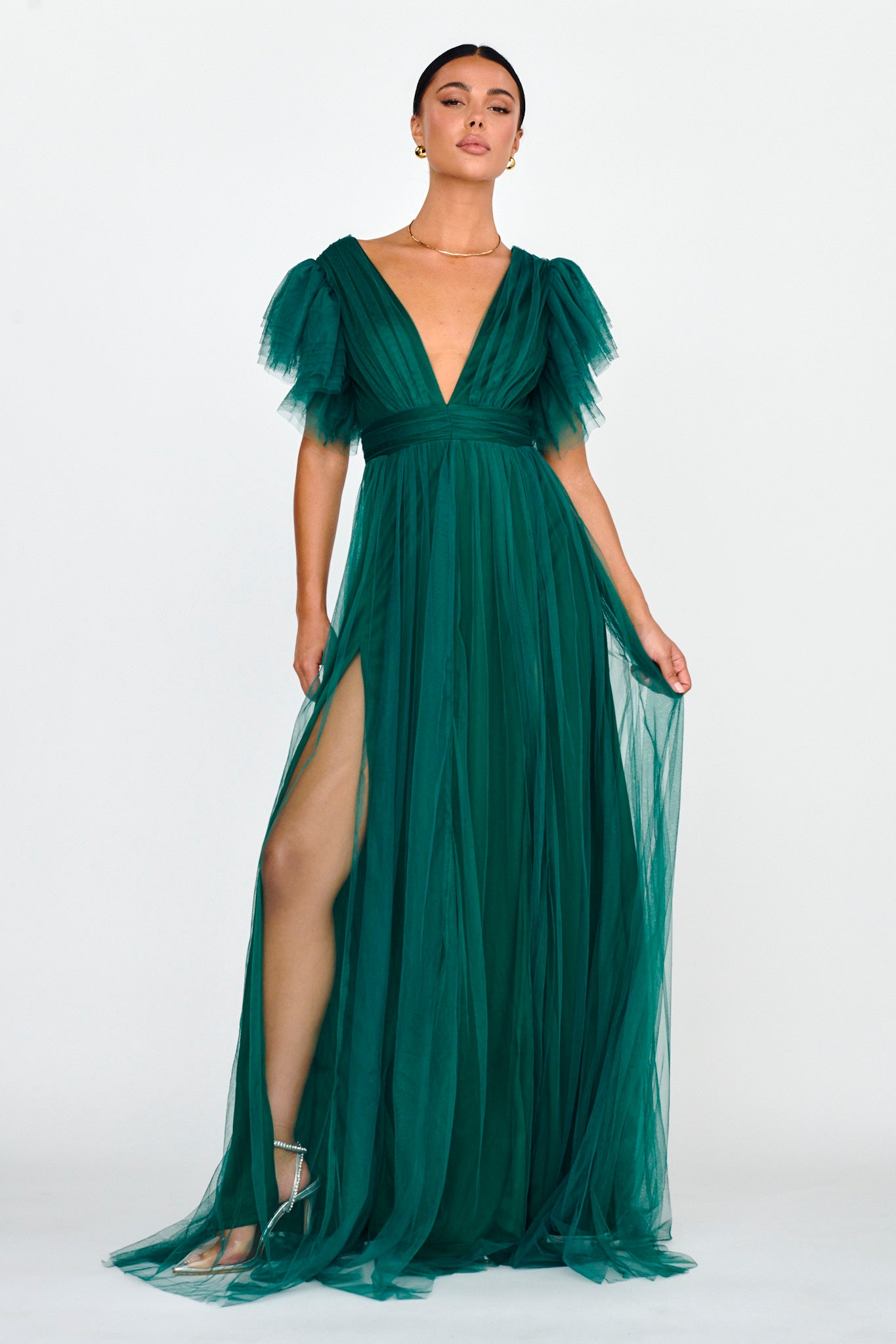 Heaven's Love Deep V-Neck Tulle Maxi Dress Hunter Green– Selfie Leslie
