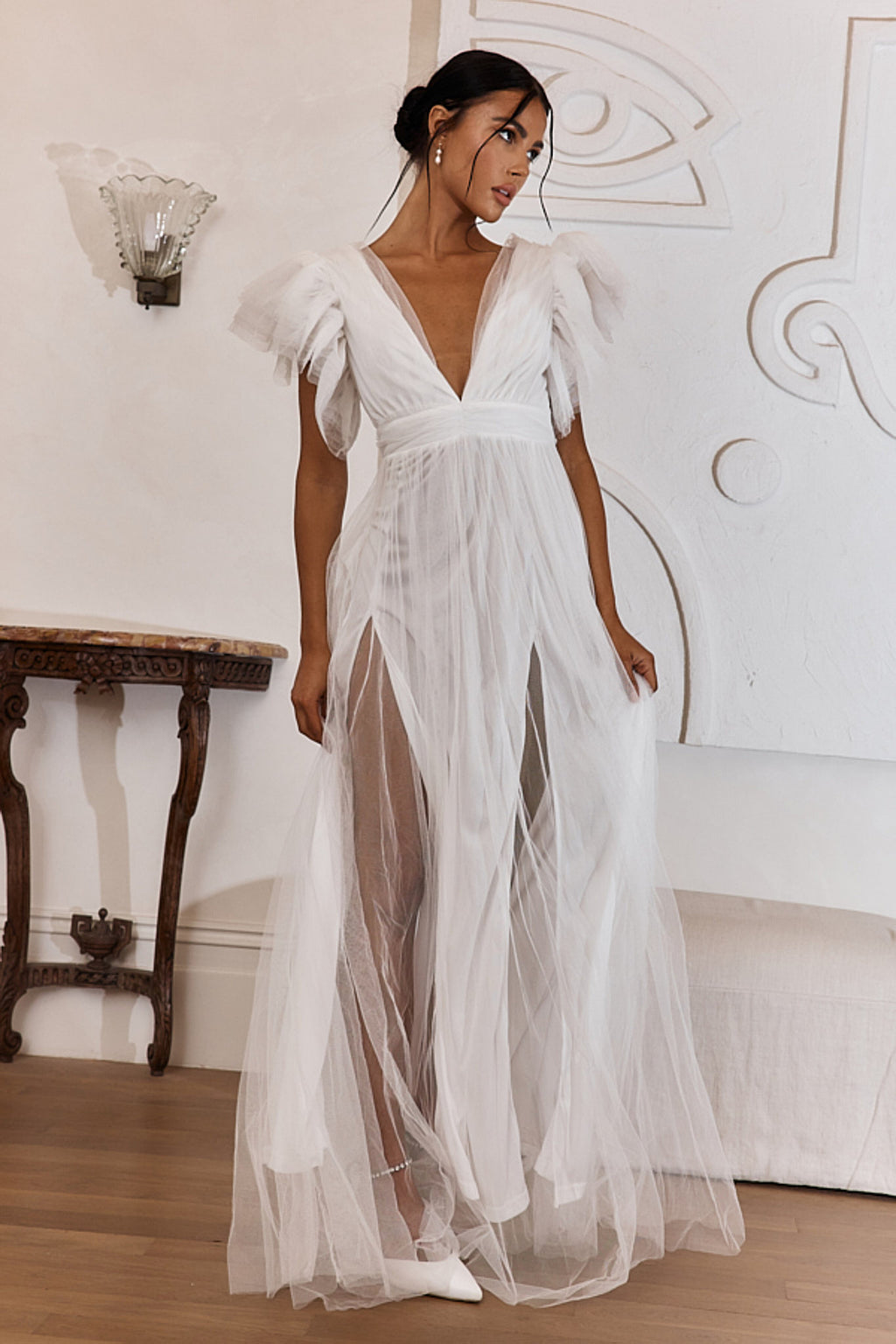Heaven's Love Deep V-Neck Tulle Maxi Dress White by Selfie Leslie