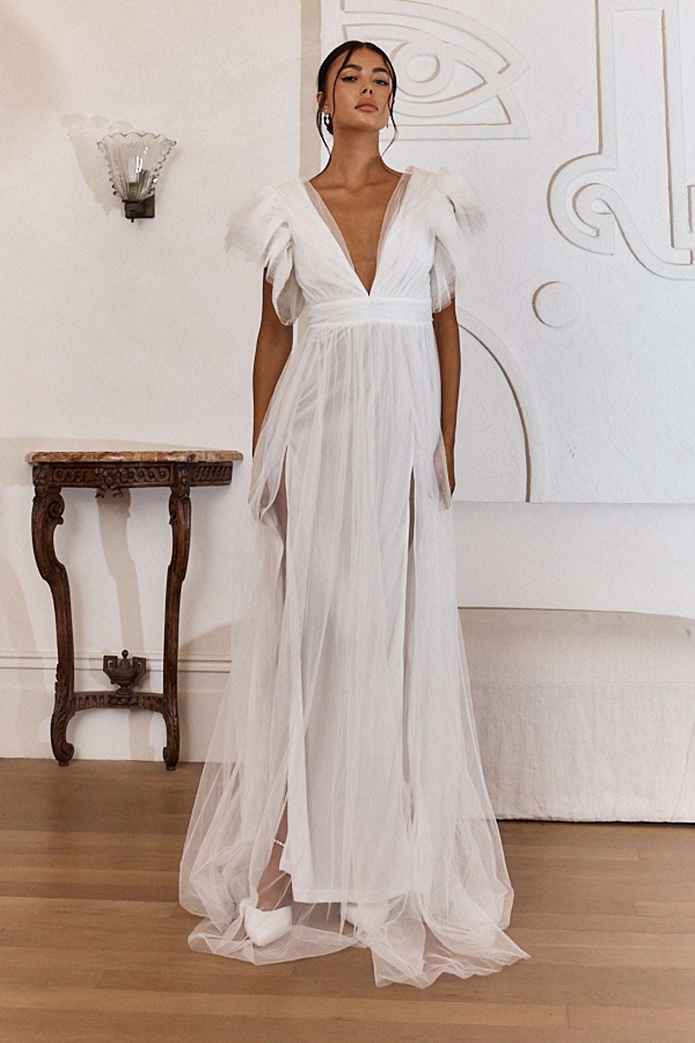 Heaven's Love Deep V-Neck Tulle Maxi Dress White by Selfie Leslie