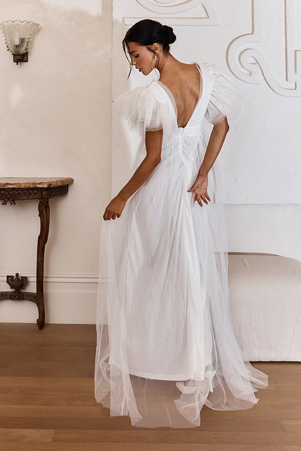 Heaven's Love Deep V-Neck Tulle Maxi Dress White by Selfie Leslie