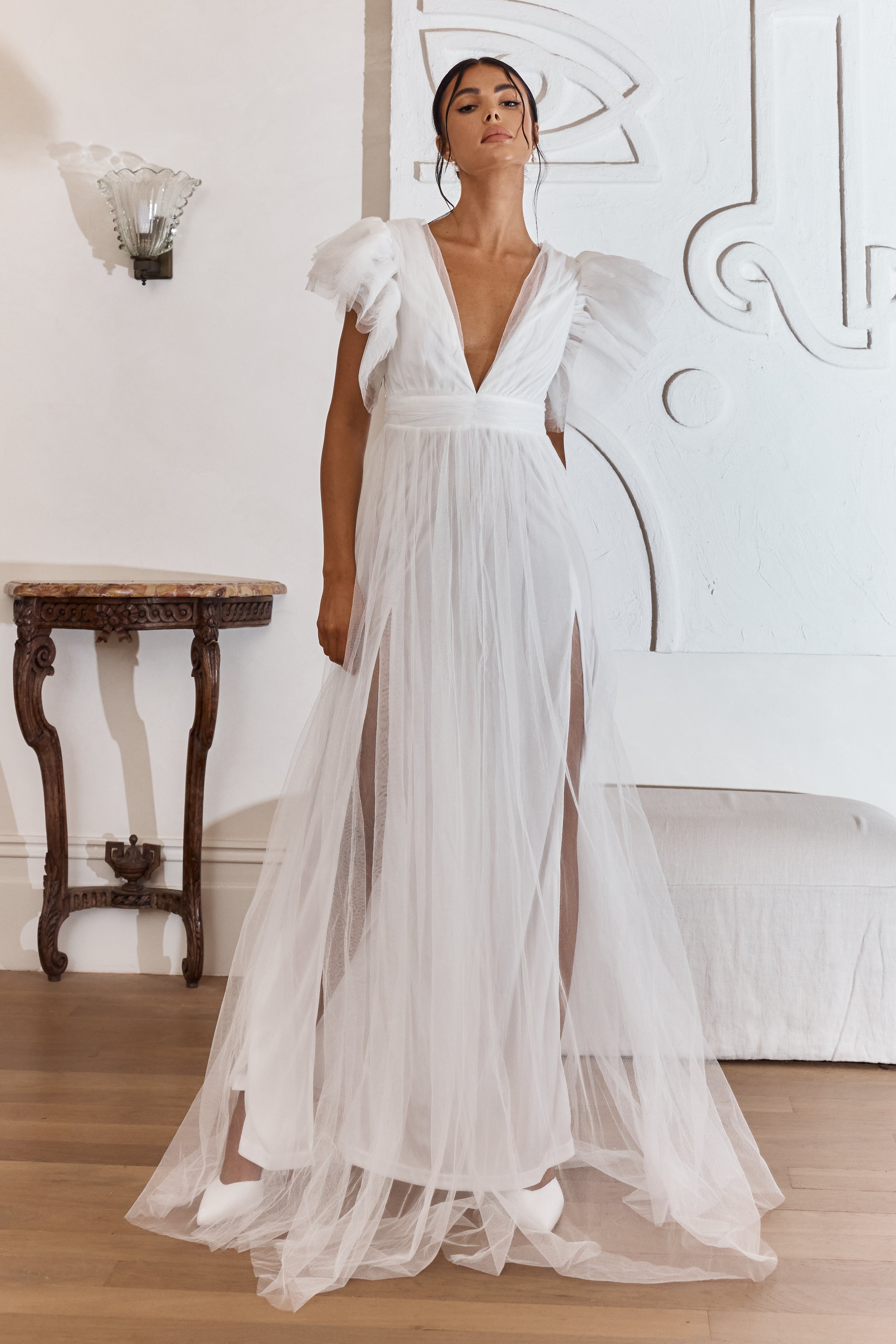 Shop the Heaven's Love Deep V-Neck Tulle Maxi Dress White
