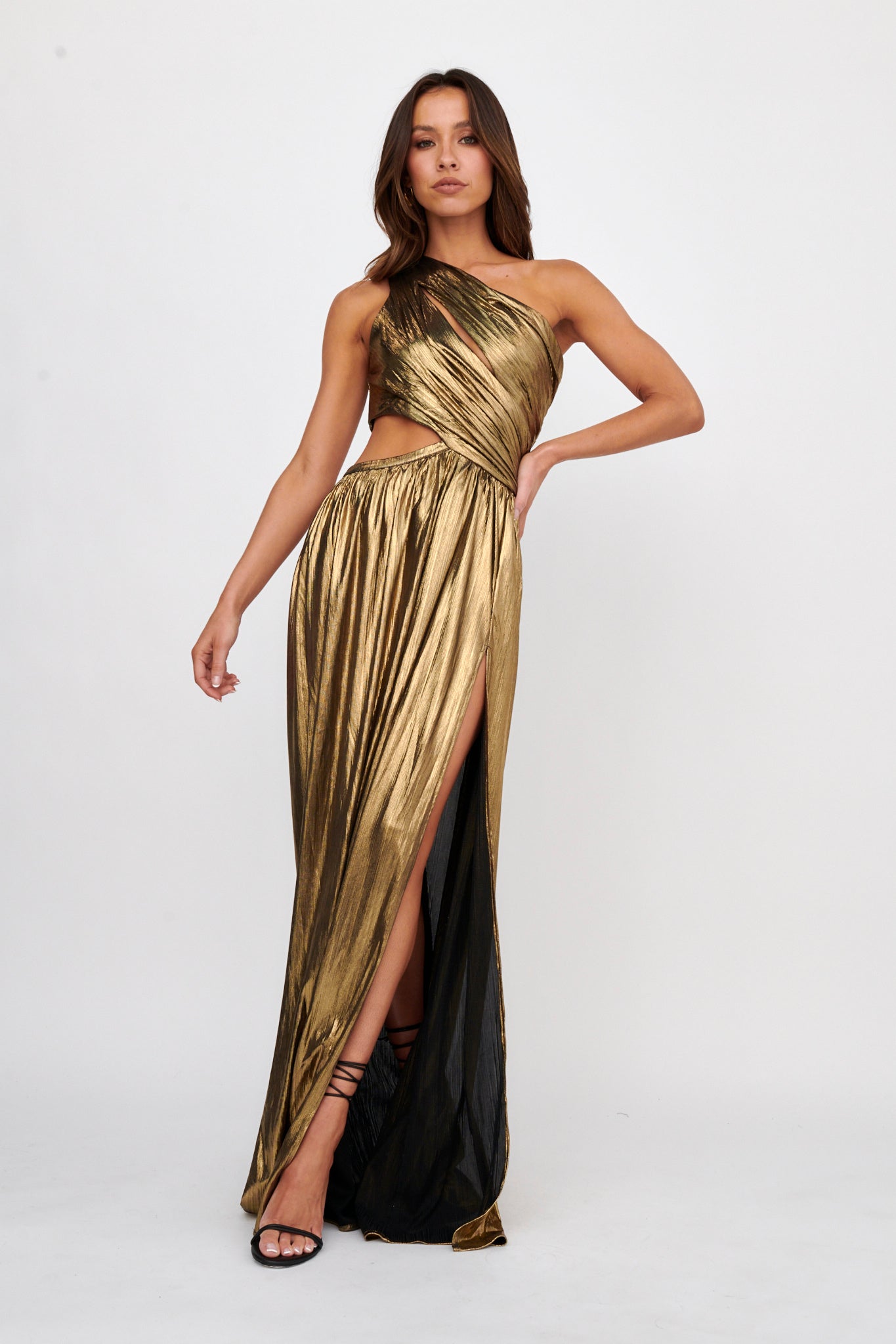 Shop the Fortuna One Shoulder Split Maxi Dress Black/Gold