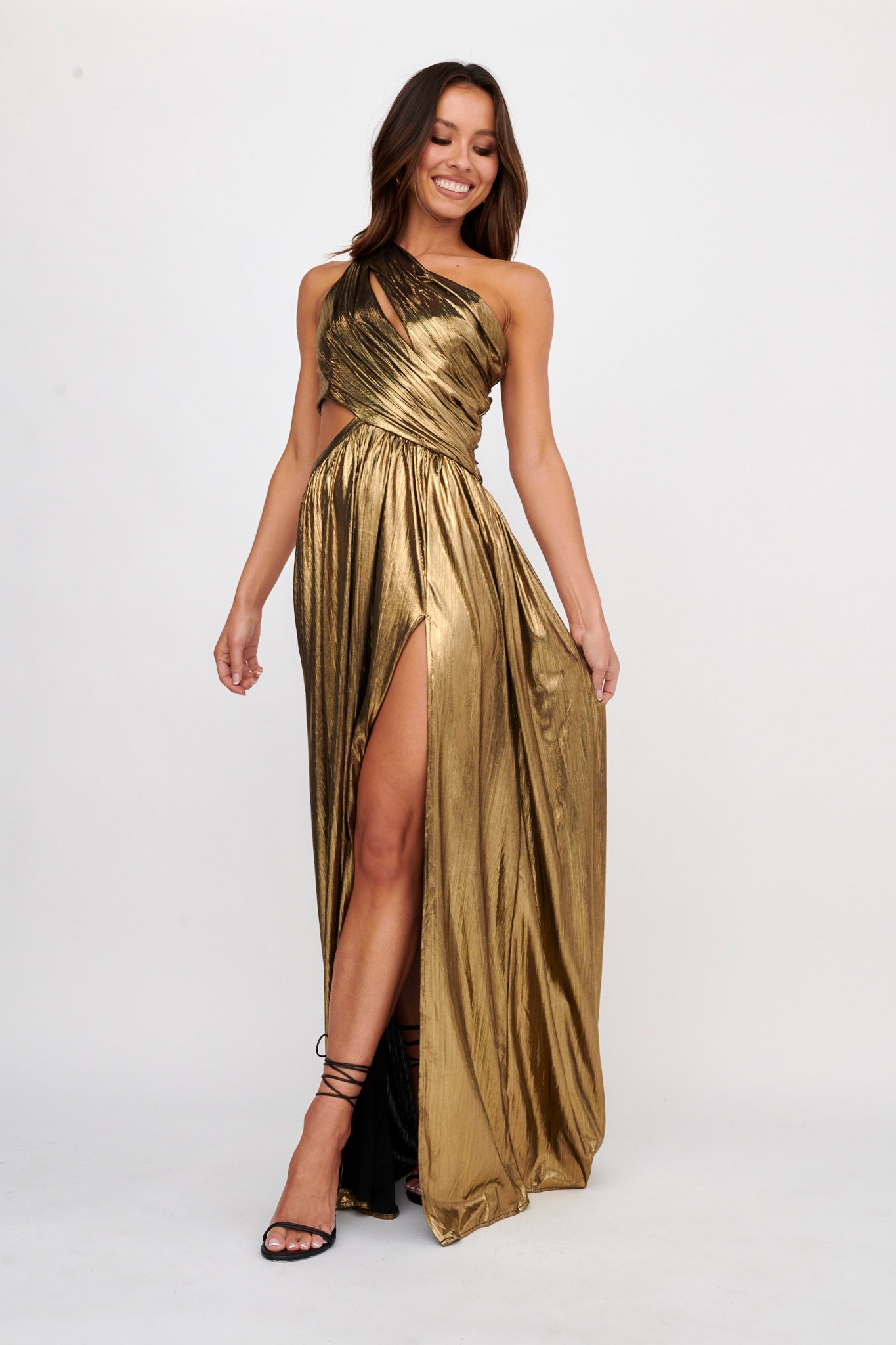 Fortuna One Shoulder Split Maxi Dress Black/Gold Fortuna One Shoulder Split Maxi Dress Black/Gold