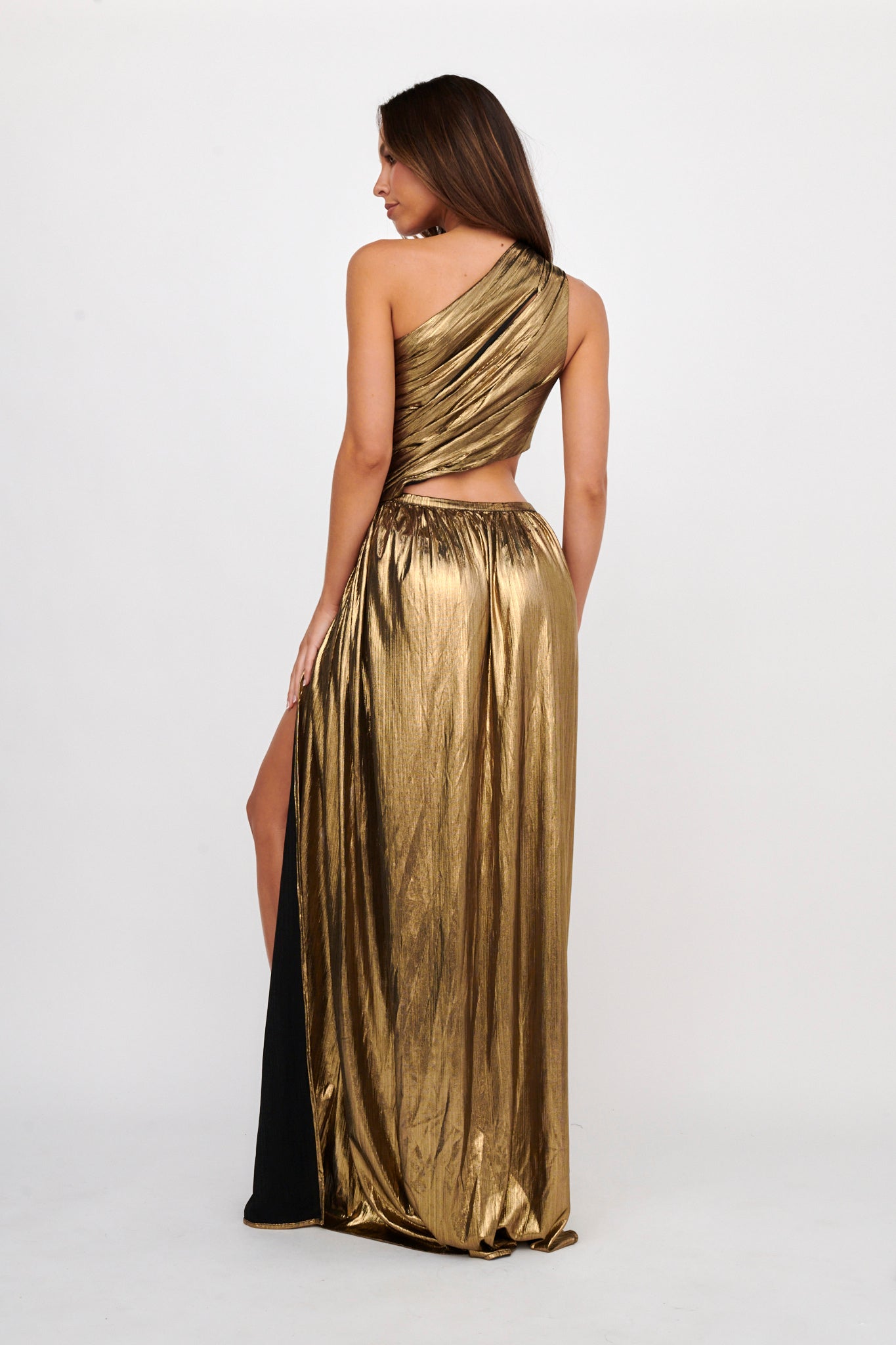 Fortuna One Shoulder Split Maxi Dress Black/Gold Selfie Leslie Fortuna One Shoulder Split Maxi Dress Black/Gold Selfie Leslie