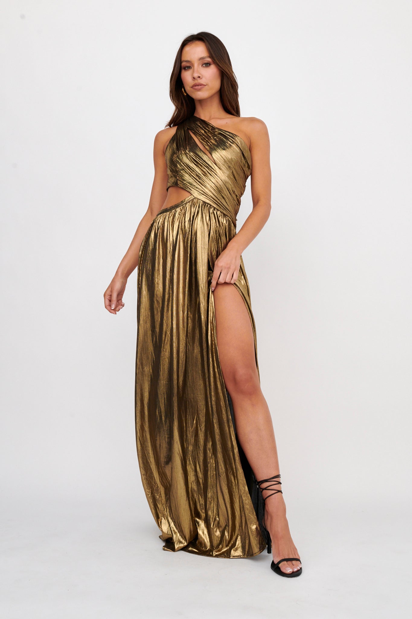 Fortuna One Shoulder Split Maxi Dress Black/Gold by Selfie Leslie