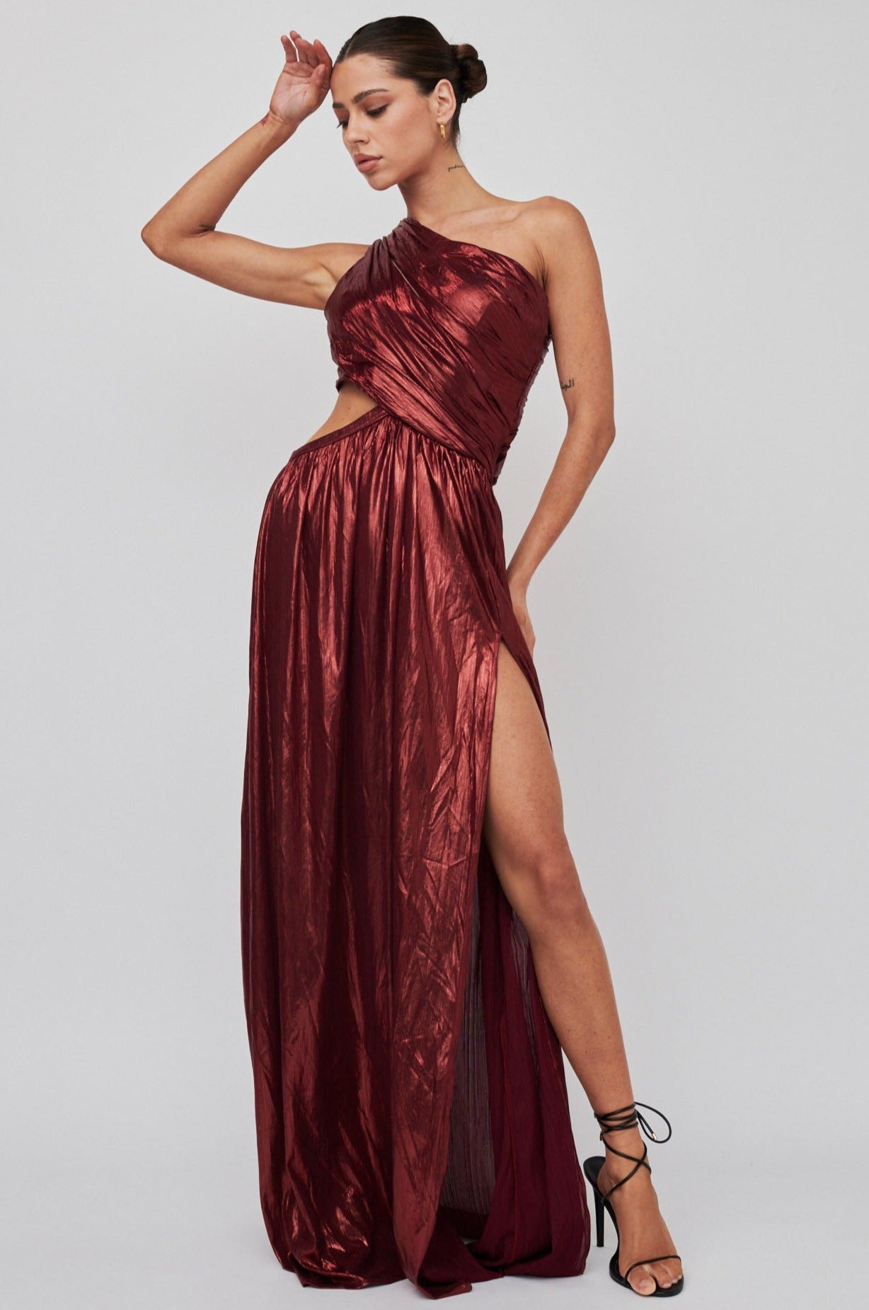Fortuna One Shoulder Split Maxi Dress Wine by Selfie Leslie