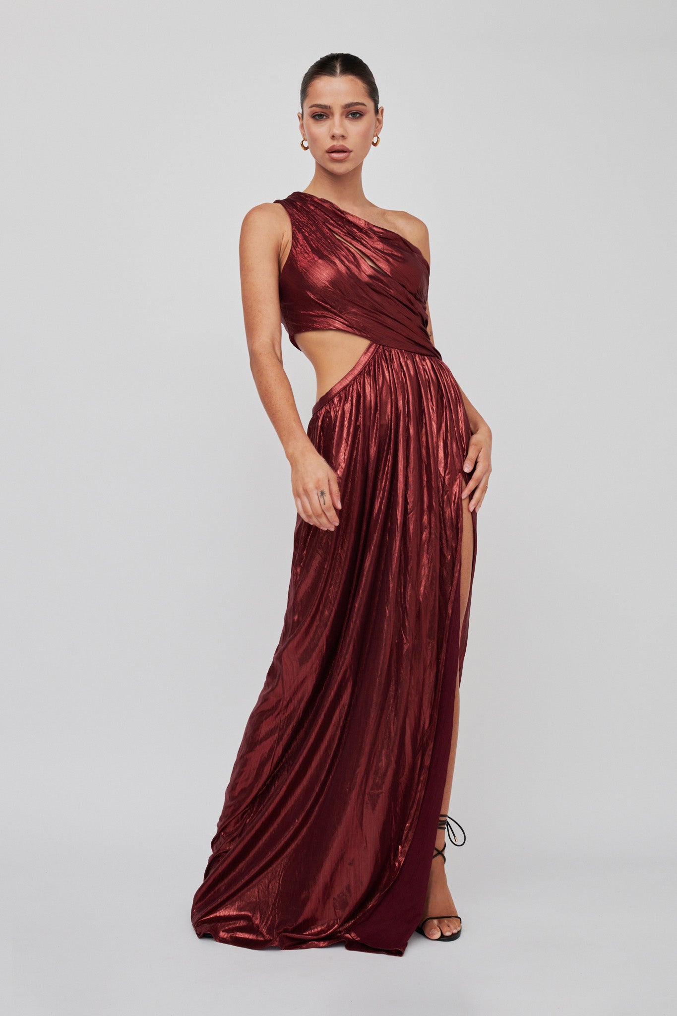Fortuna One Shoulder Split Maxi Dress Wine by Selfie Leslie