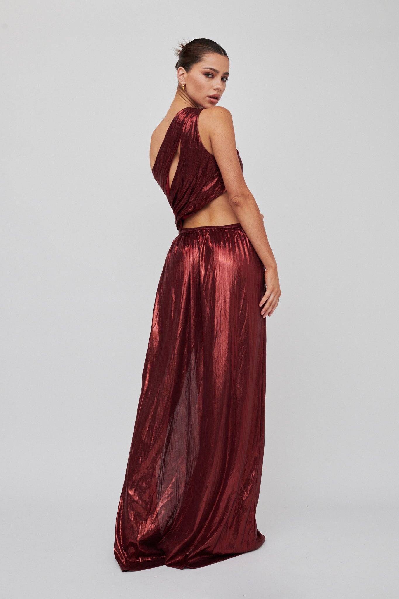 Fortuna One Shoulder Split Maxi Dress Wine by Selfie Leslie