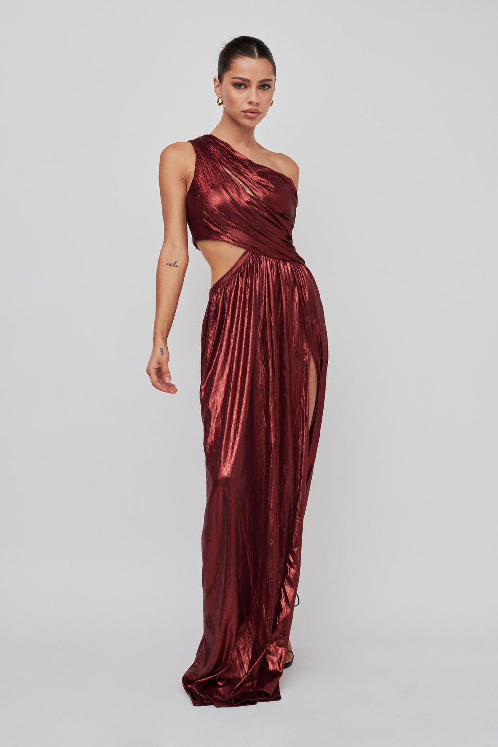 Fortuna One Shoulder Split Maxi Dress Wine by Selfie Leslie