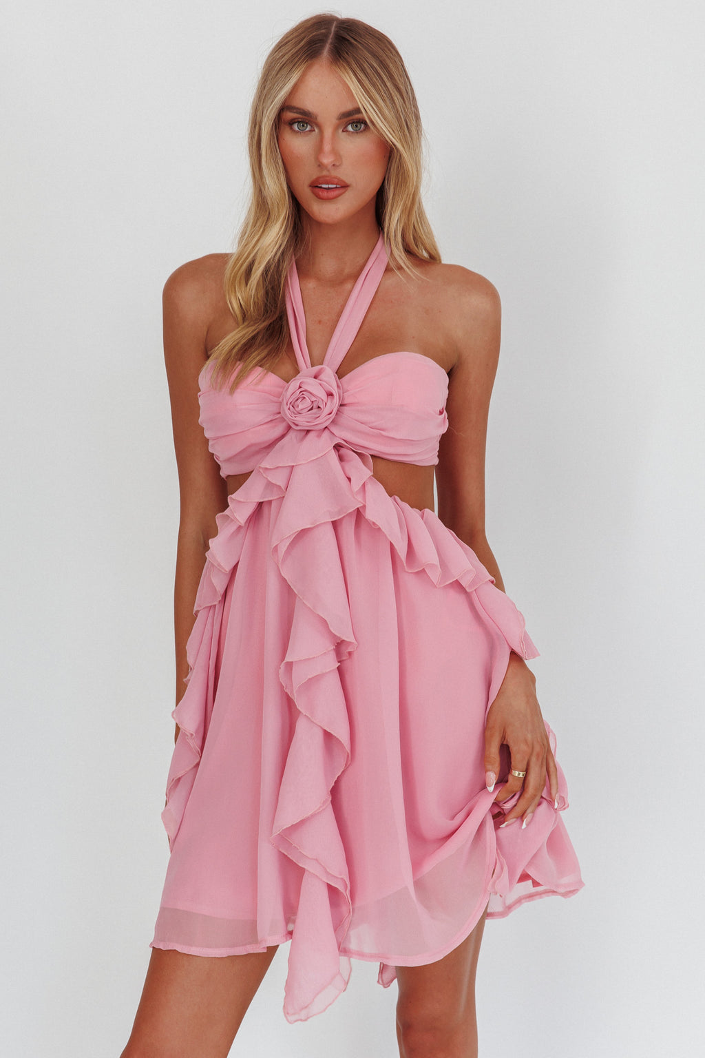 Santiago Cut-Out Ruffle Mini Dress Blush by Selfie Leslie
