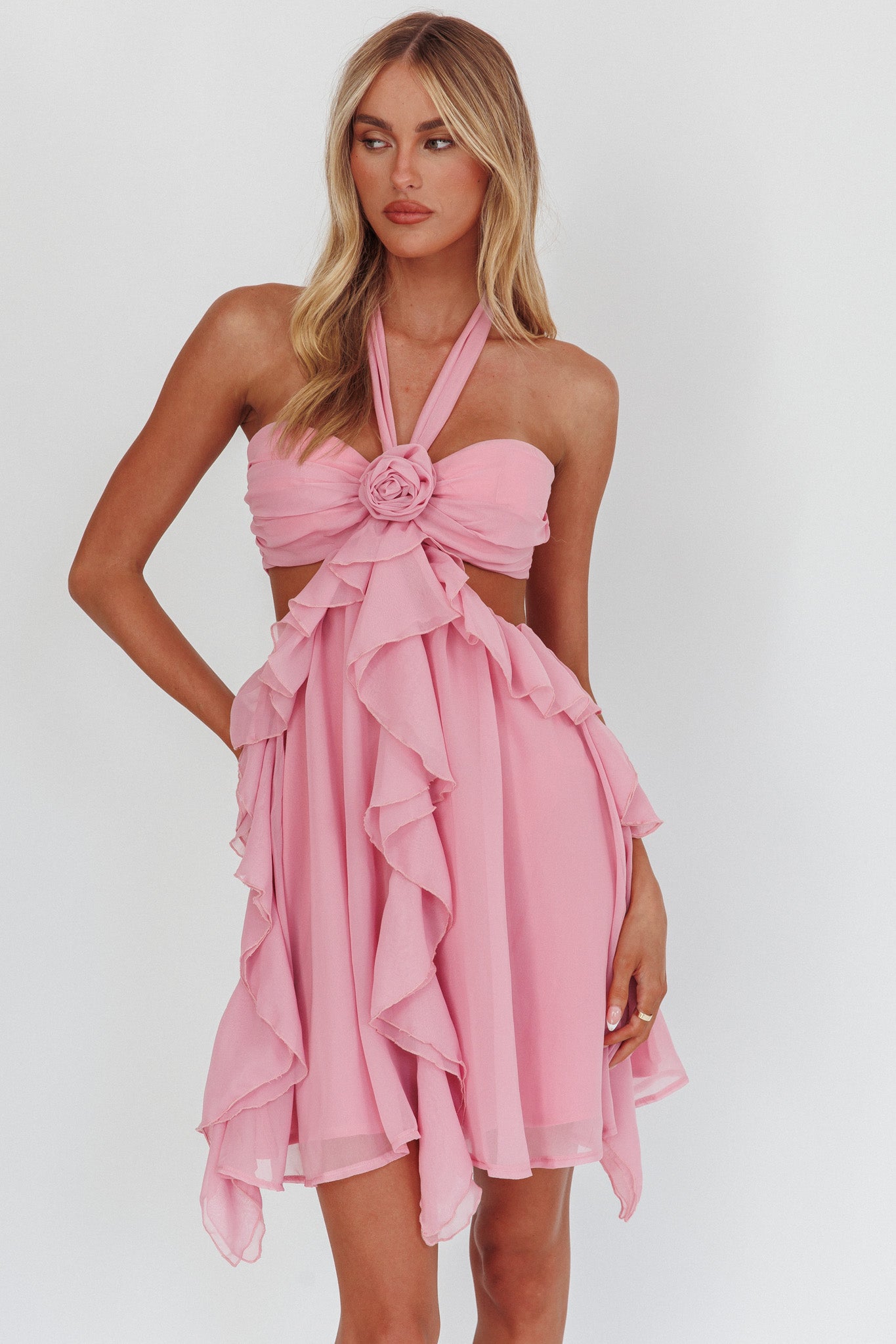 Santiago Cut-Out Ruffle Mini Dress Blush by Selfie Leslie