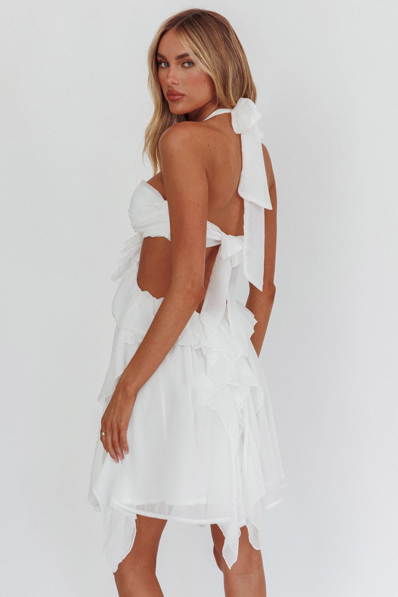 white mini dress cut out One Shoulder Fringe Mini Dress with Cutout 40187