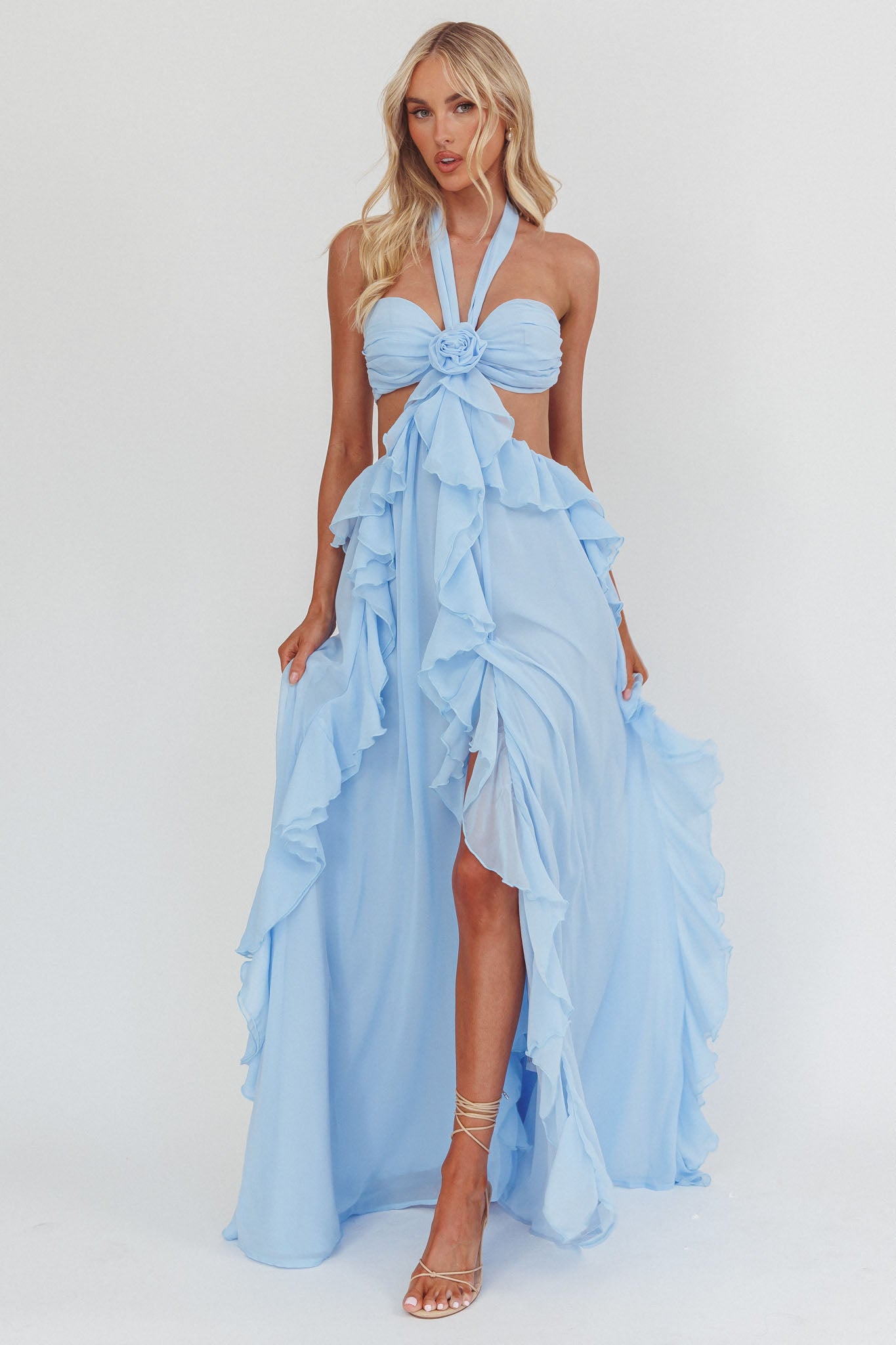 Santiago Cut-Out Ruffle Maxi Dress Ice Blue by Selfie Leslie