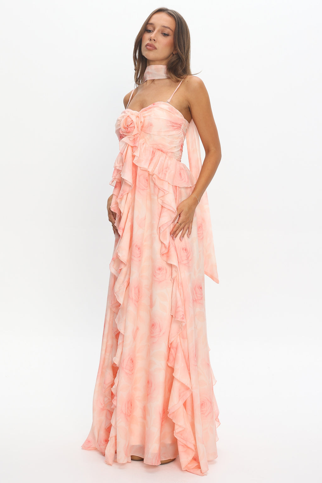 Isola Ruffle Halter Maxi Dress Floral