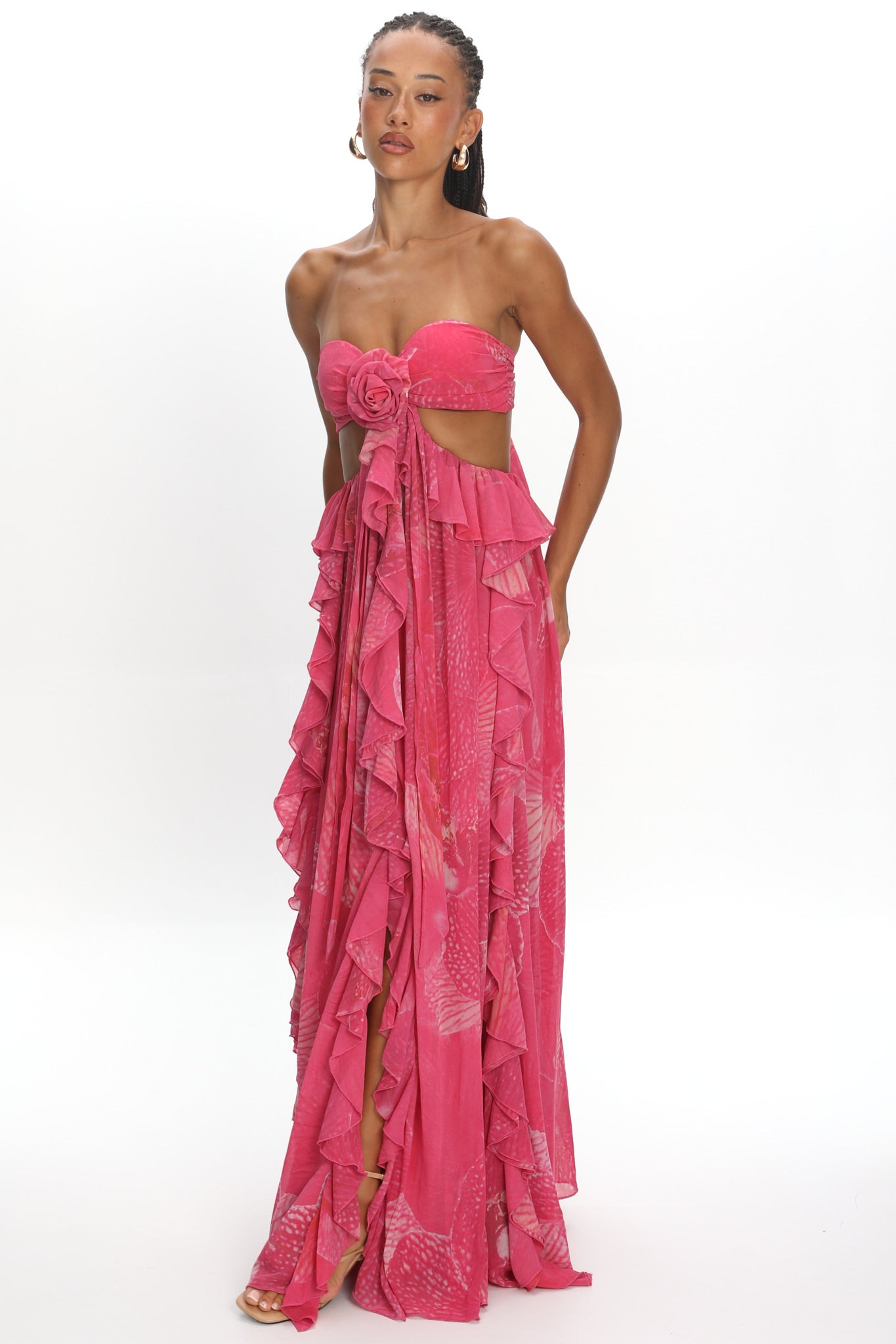 Santiago Cut-Out Ruffle Maxi Dress Print Pink