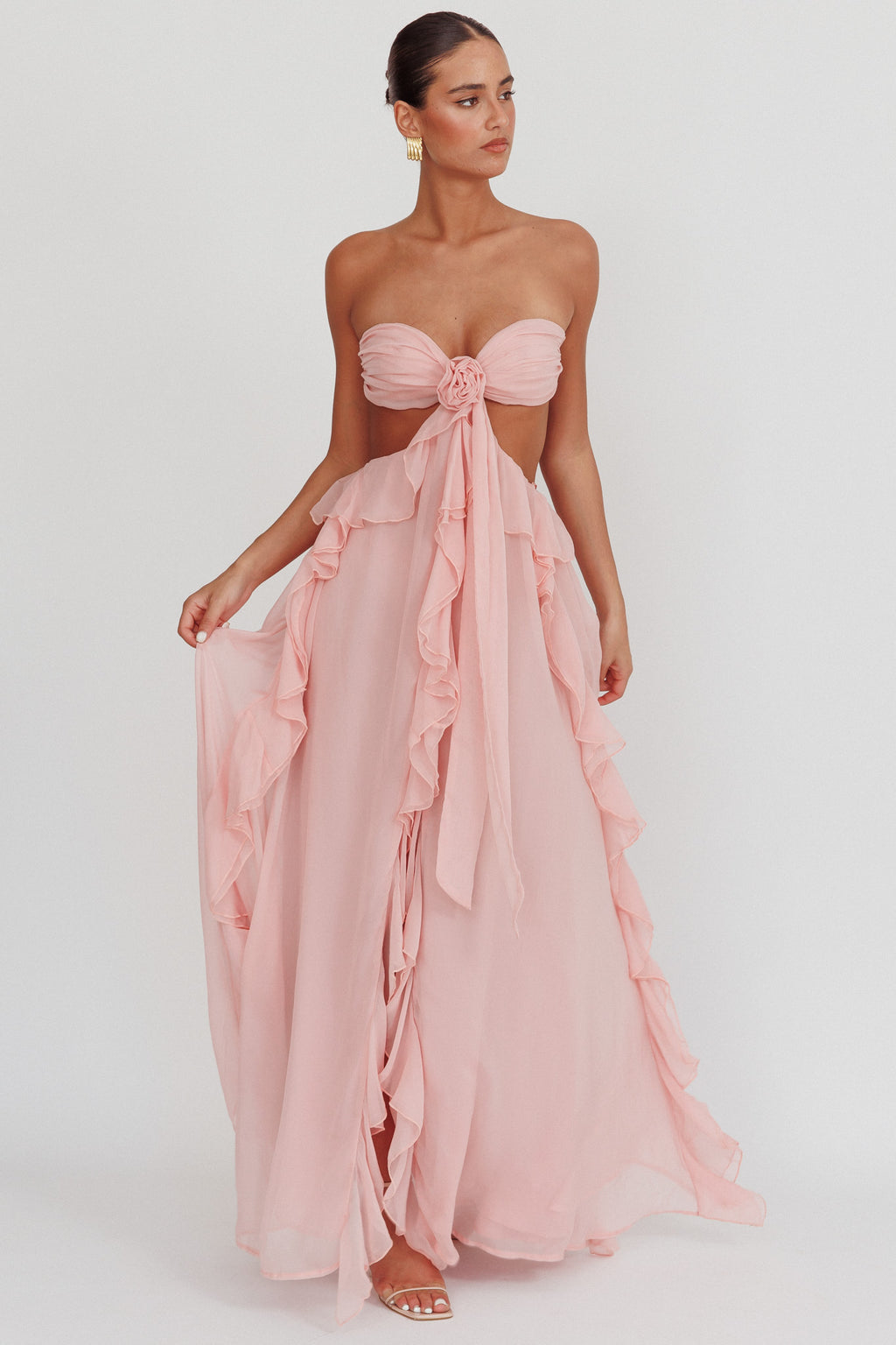 Santiago Cut-Out Ruffle Maxi Dress Blush by Selfie Leslie