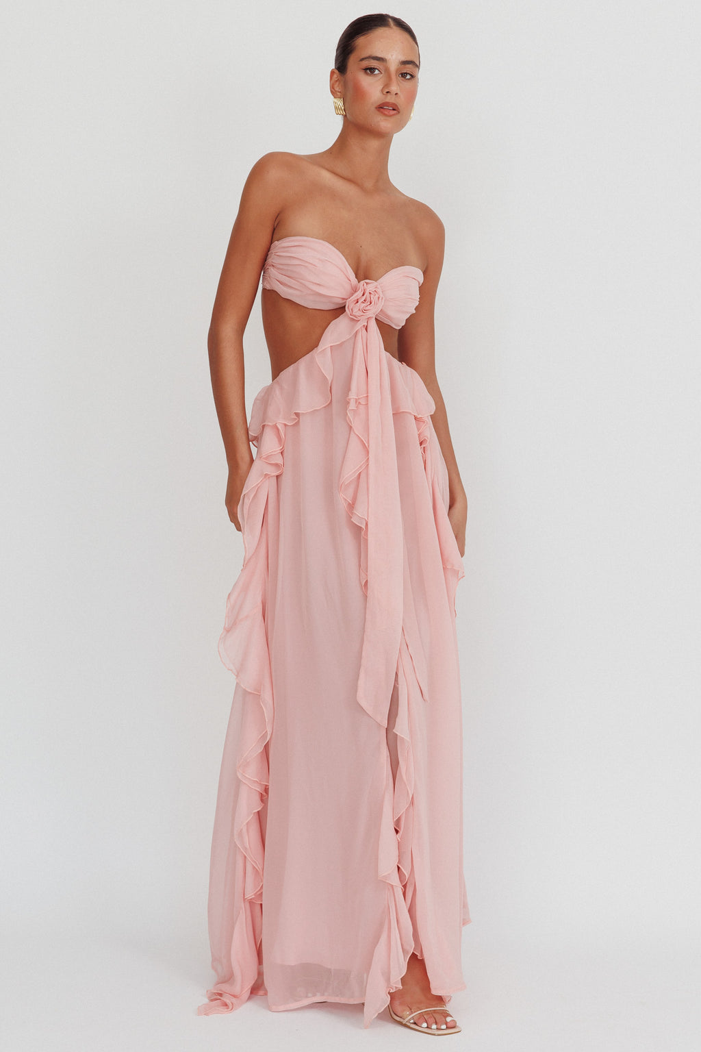 Santiago Cut-Out Ruffle Maxi Dress Blush by Selfie Leslie