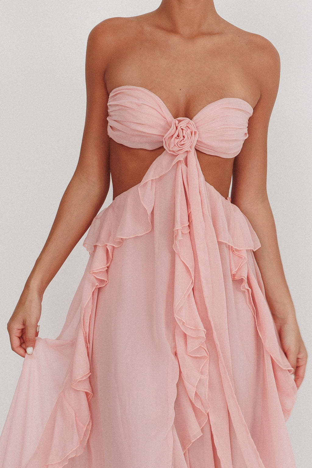 Santiago Cut-Out Ruffle Maxi Dress Blush by Selfie Leslie