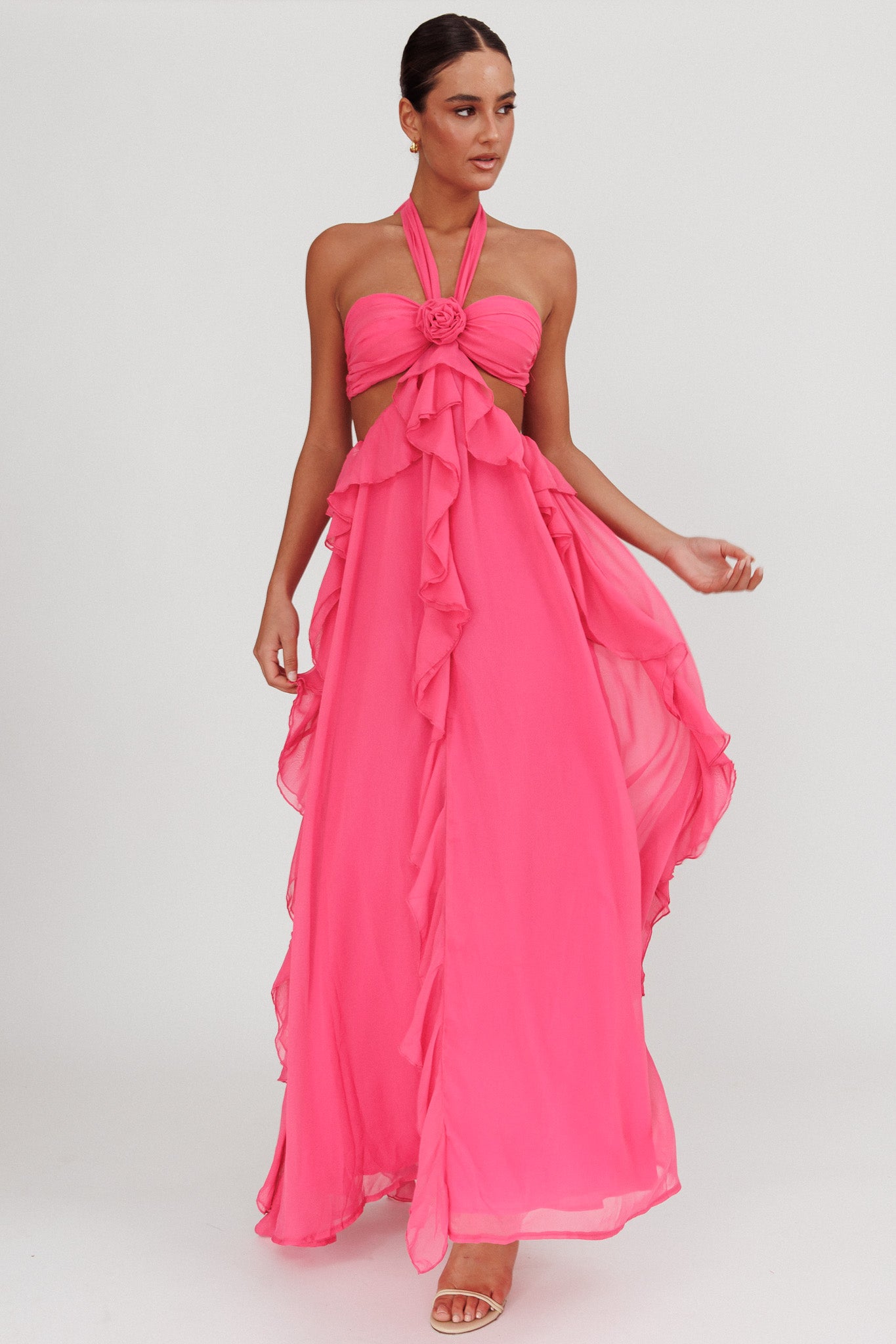 pink cut out maxi dress Santiago Cut-Out Ruffle Fuchsia The Very Best Southern 58 Bust xsearch Style:34