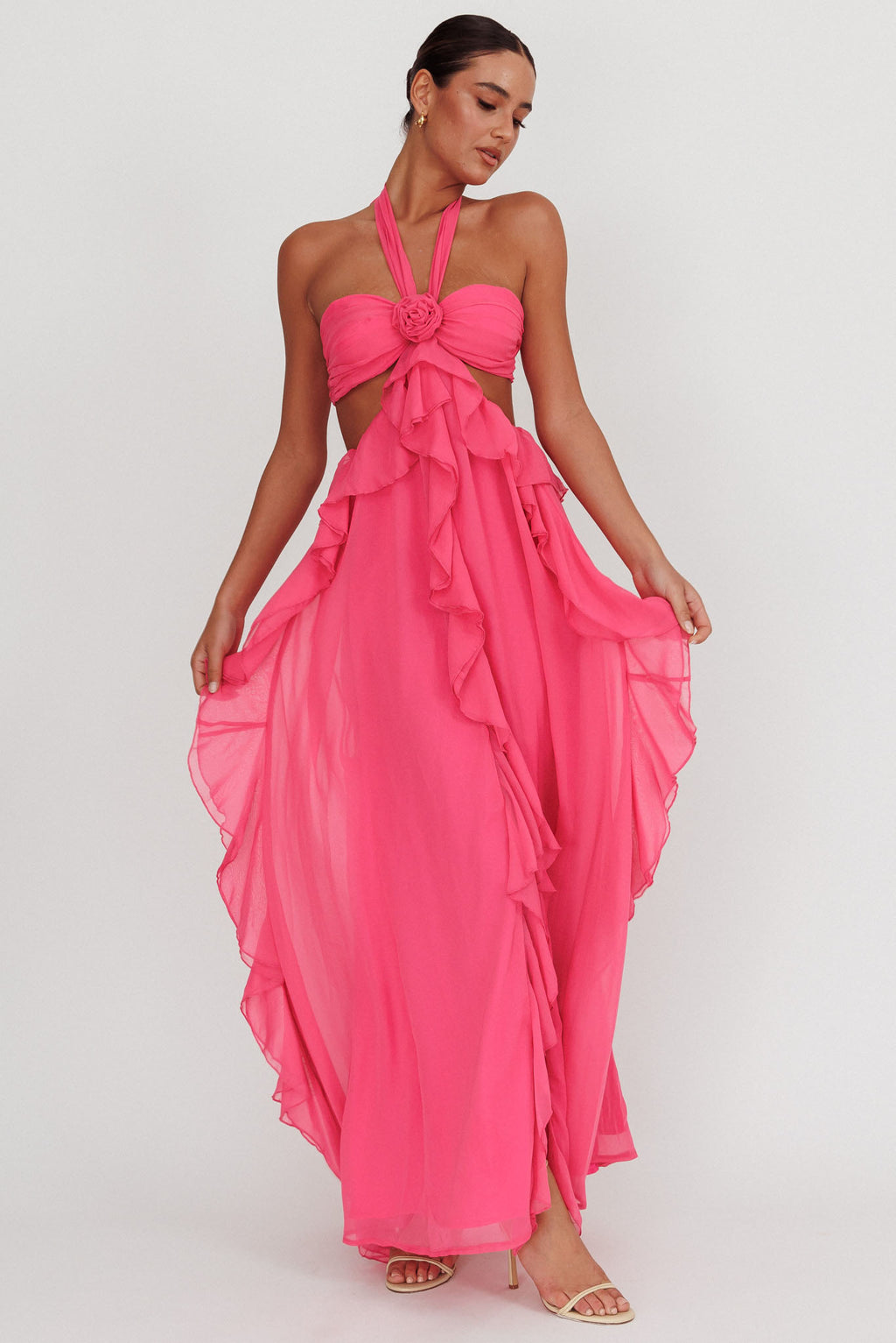 Santiago Cut-Out Ruffle Maxi Dress Fuchsia by Selfie Leslie