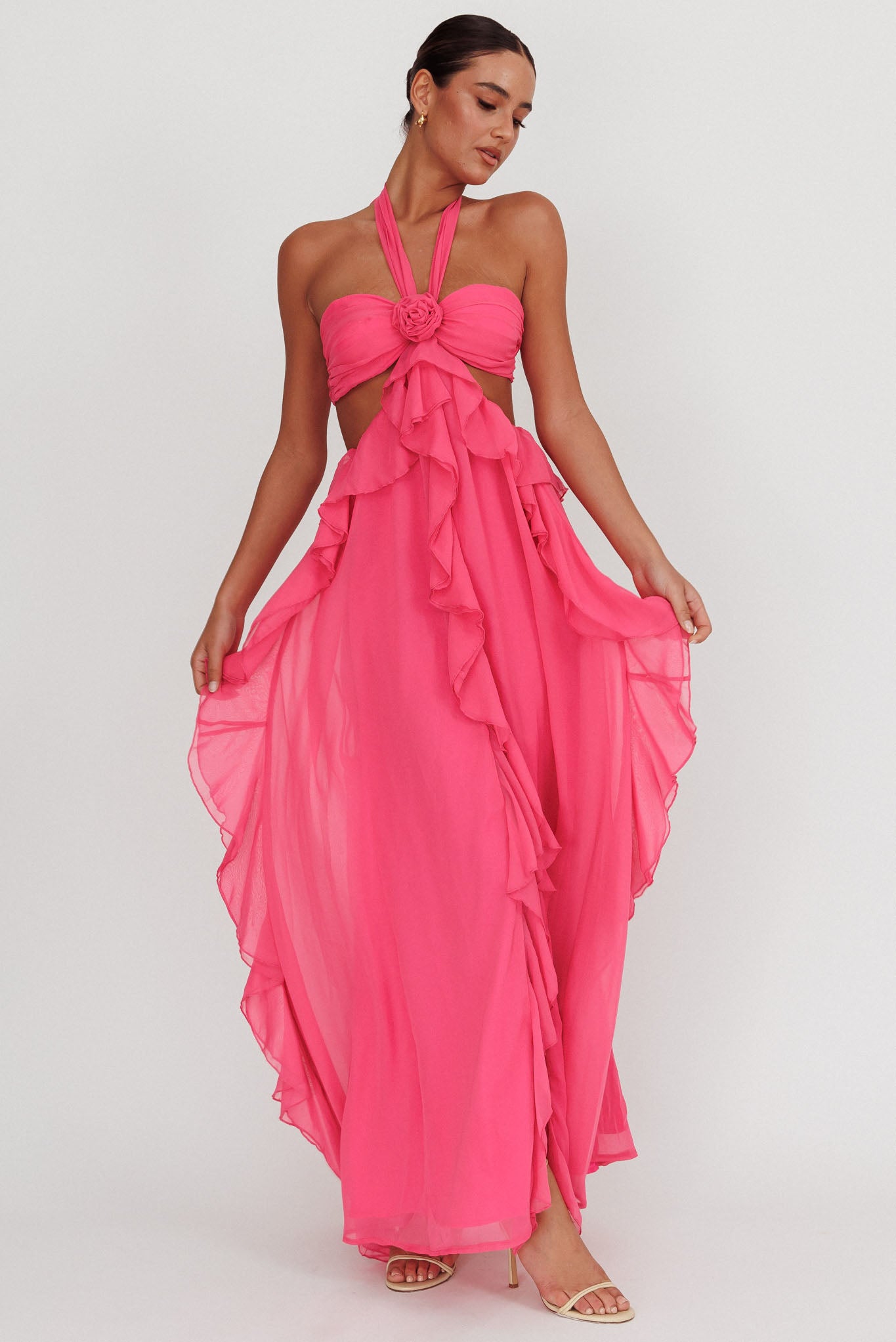Santiago Cut-Out Ruffle Maxi Dress Fuchsia by Selfie Leslie