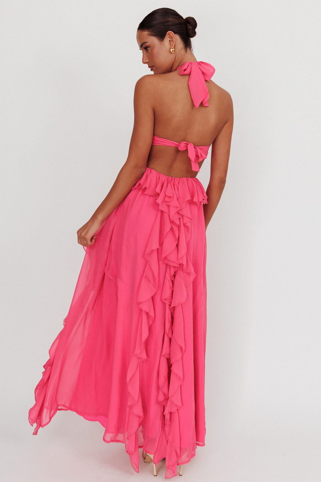 Santiago Cut-Out Ruffle Maxi Dress Fuchsia by Selfie Leslie