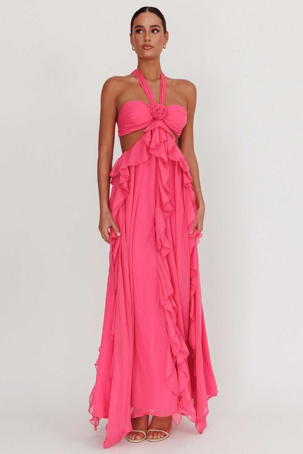 Santiago Cut-Out Ruffle Maxi Dress Fuchsia by Selfie Leslie