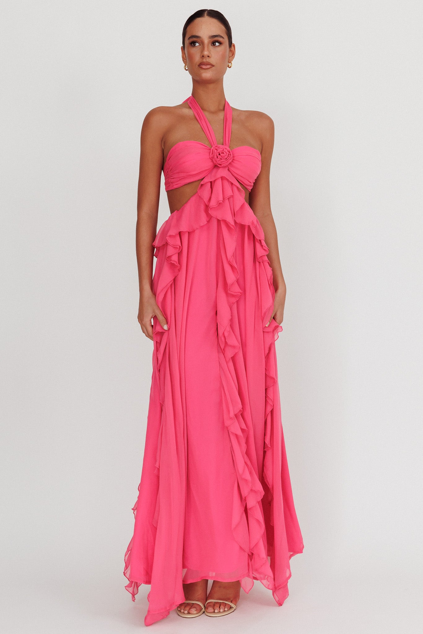 Santiago Cut-Out Ruffle Maxi Dress Fuchsia by Selfie Leslie