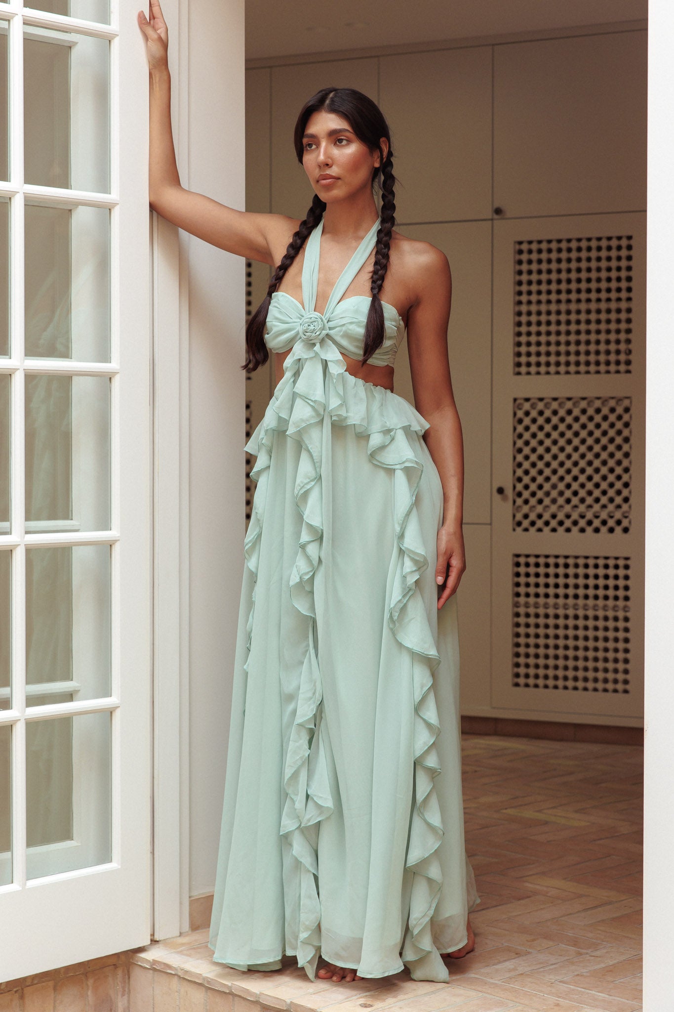 Santiago Cut-Out Ruffle Maxi Dress Sage by Selfie Leslie