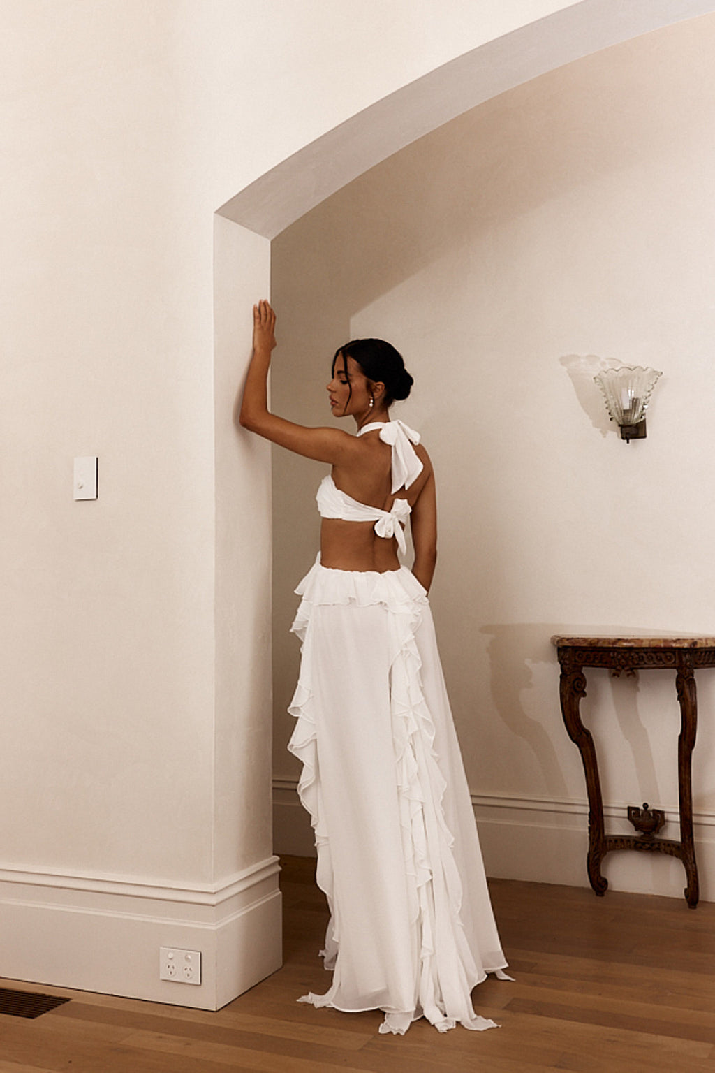 Santiago Cut-Out Ruffle Maxi Dress White by Selfie Leslie