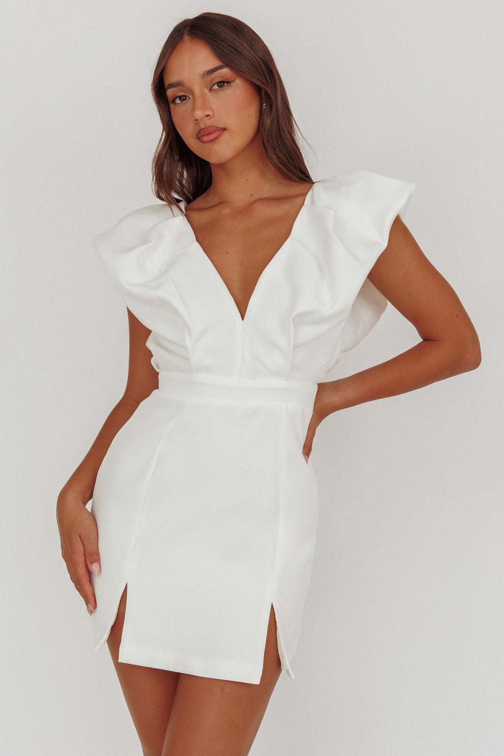 Liardon Bubble Sleeve V-Neckline Mini Dress White by Selfie Leslie