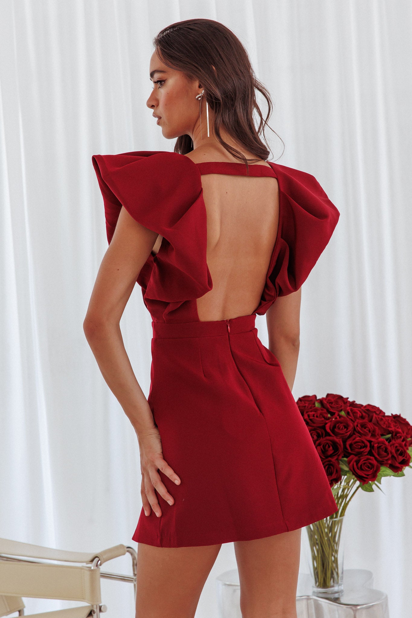 Liardon Bubble Sleeve V-Neckline Mini Dress Wine by Selfie Leslie
