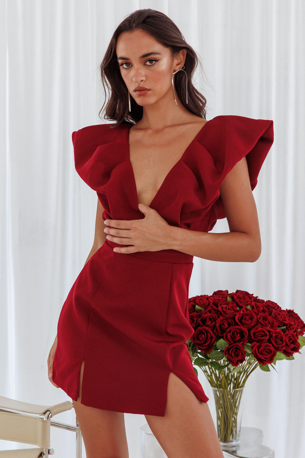 Liardon Bubble Sleeve V-Neckline Mini Dress Wine by Selfie Leslie