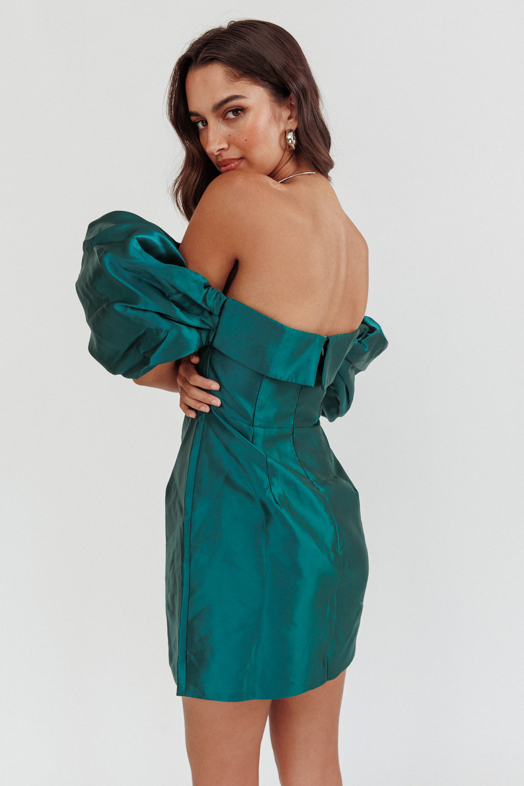 Lovers Rock Puff Sleeve Strapless Mini Dress Hunter Green by Selfie Leslie