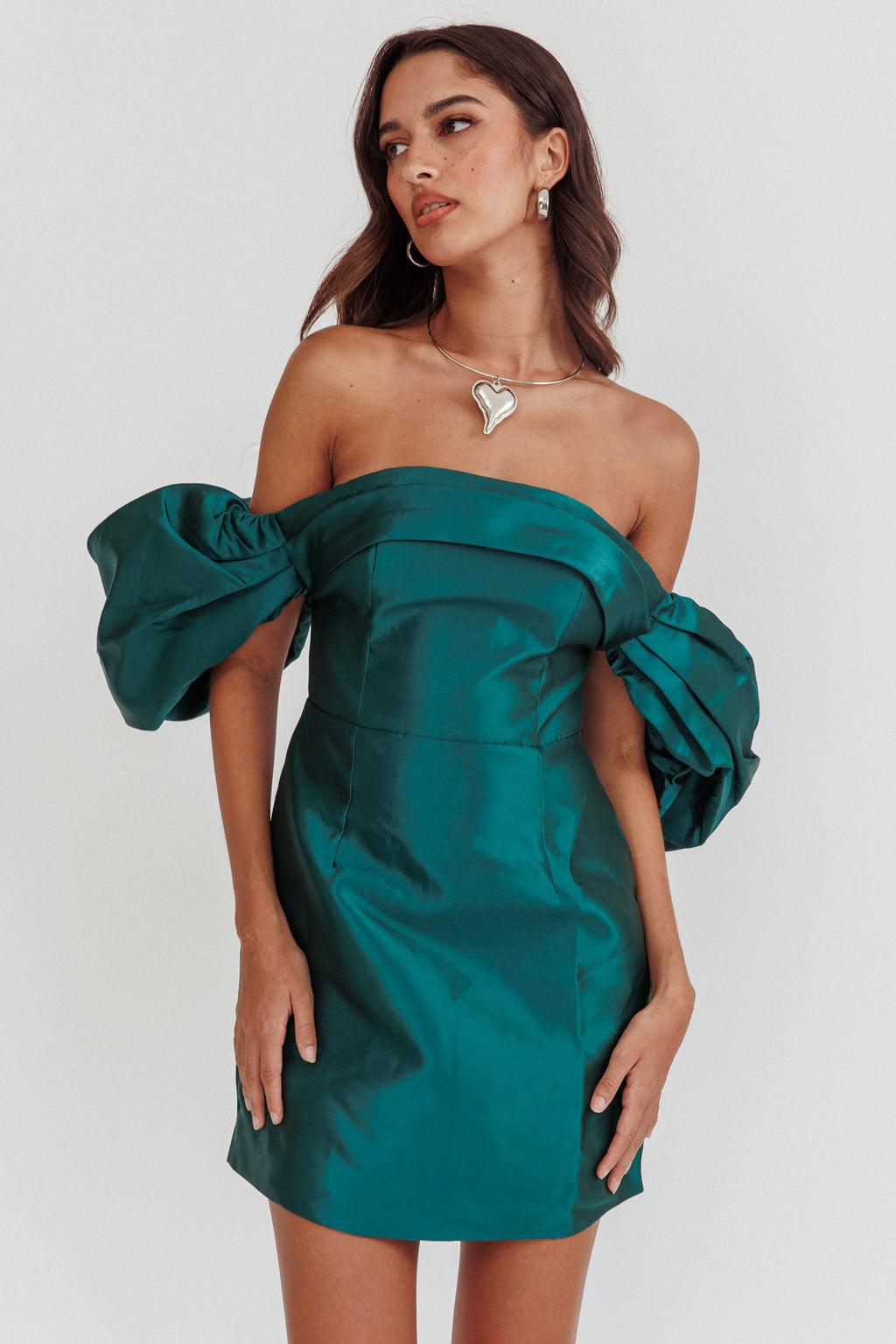 Lovers Rock Puff Sleeve Strapless Mini Dress Hunter Green by Selfie Leslie
