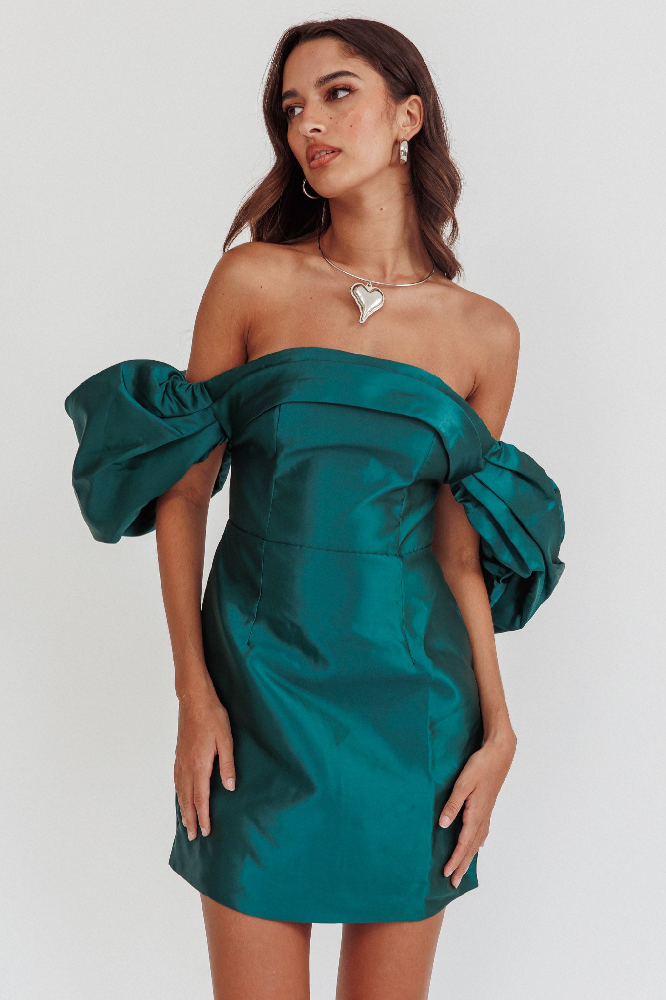Lovers Rock Puff Sleeve Strapless Mini Dress Hunter Green by Selfie Leslie