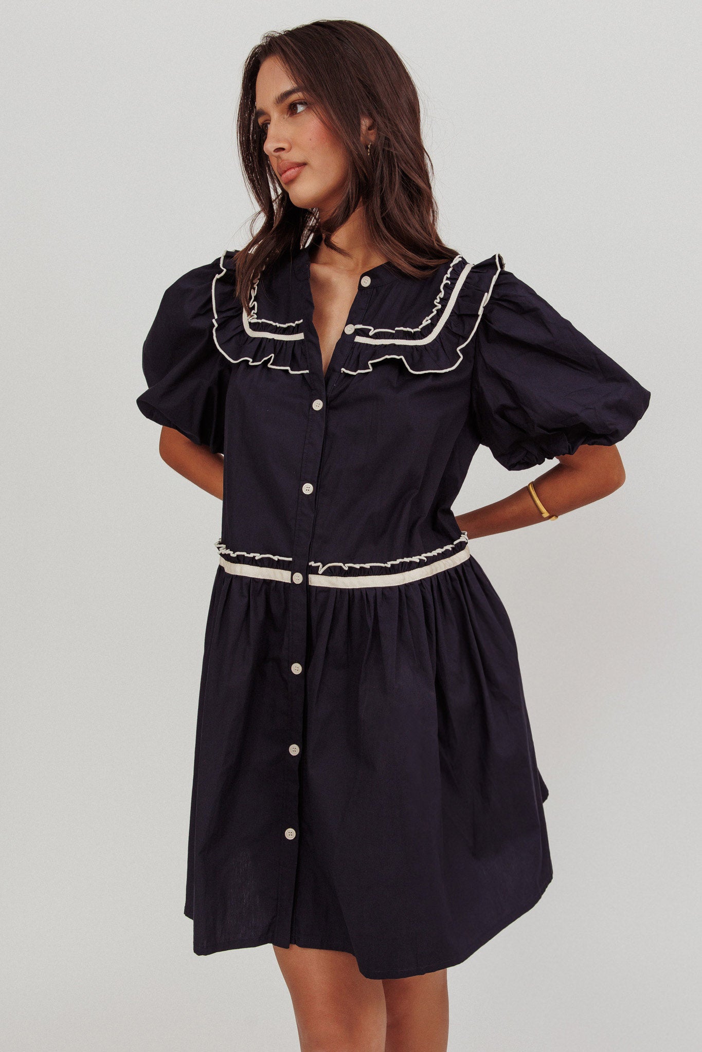 Late Spring Puff Sleeves Ruffle Mini Dress Navy by Selfie Leslie