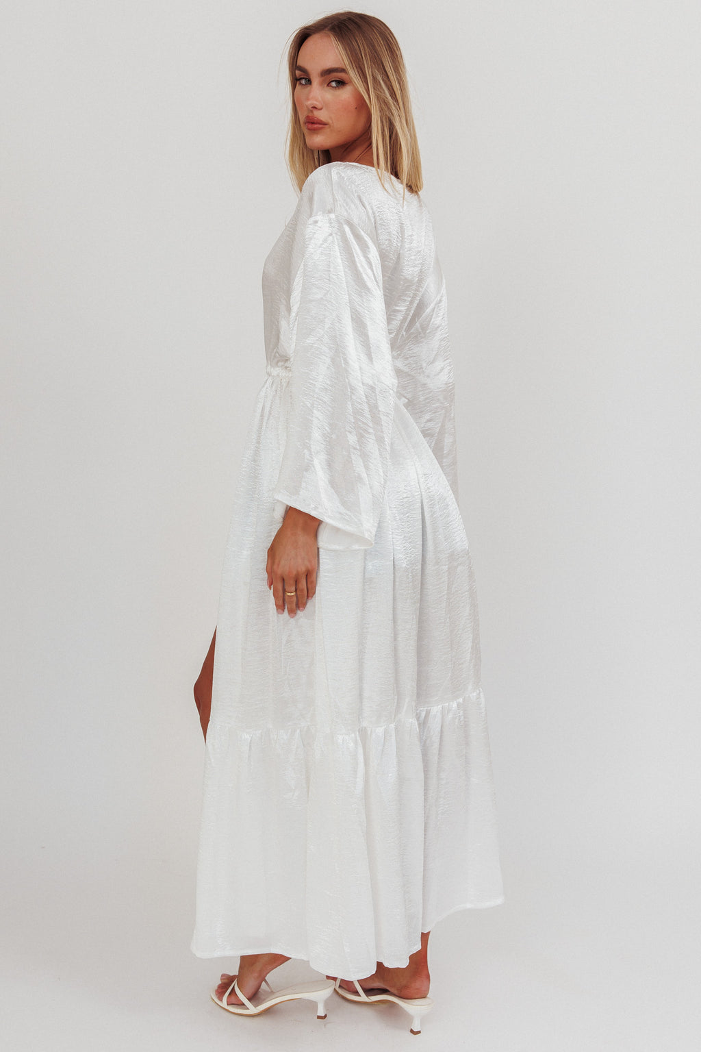 Good Advice Drawstring Waist Satin Robe Pearl by Selfie Leslie