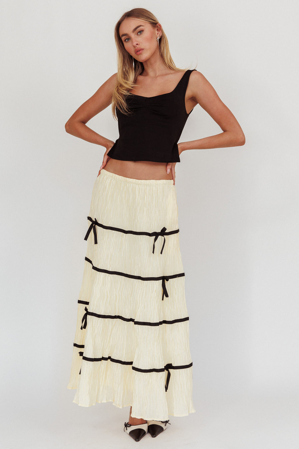 Tunnel Of Love Contrast Bow A-Line Maxi Skirt Natural by Selfie Leslie