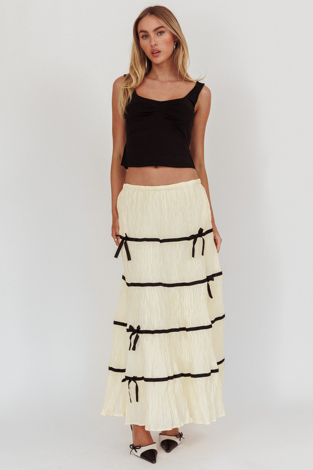 Tunnel Of Love Contrast Bow A-Line Maxi Skirt Natural by Selfie Leslie