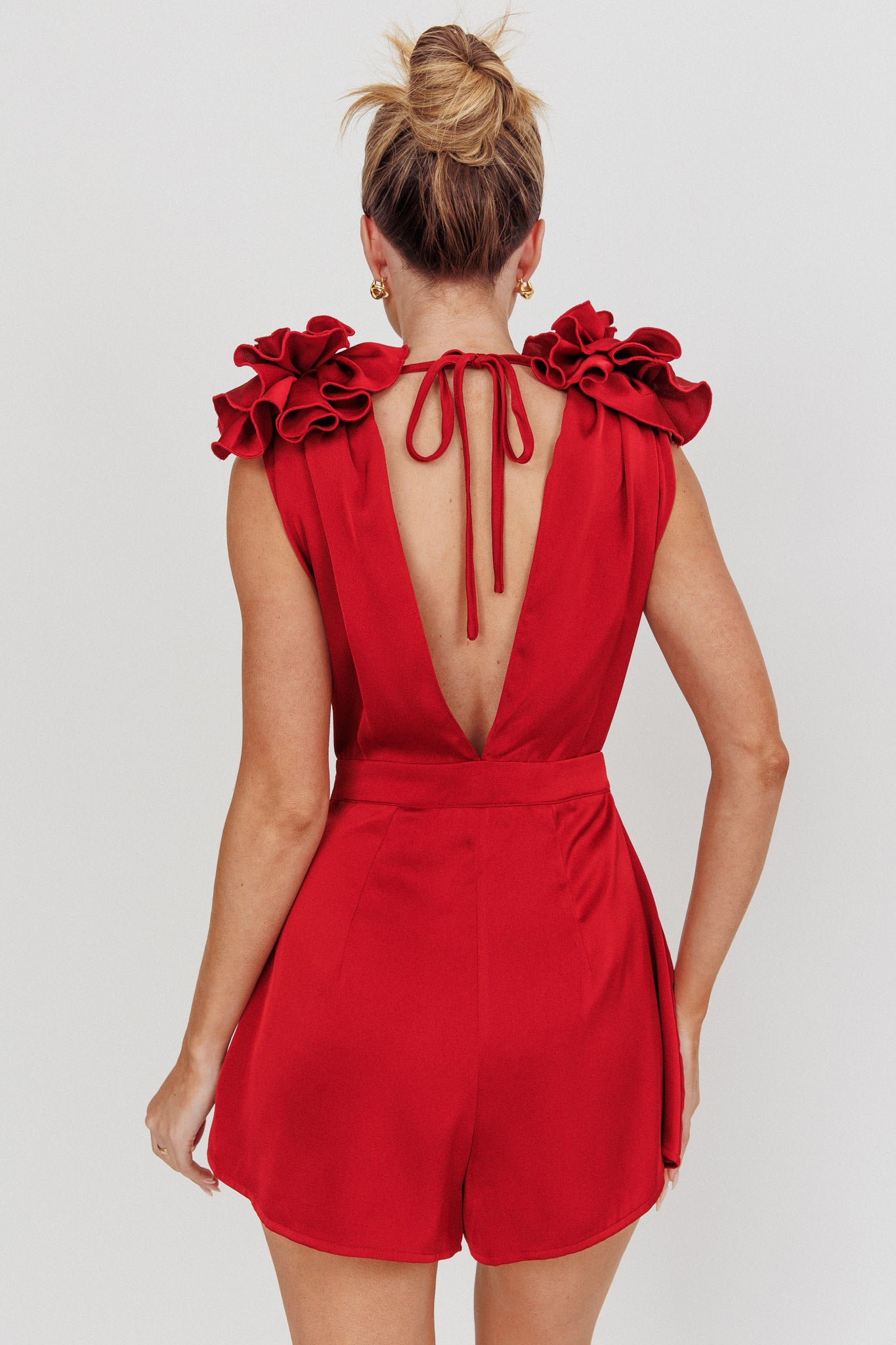 Superstar Draped Cowl Neck Rosettes Romper Wine by Selfie Leslie