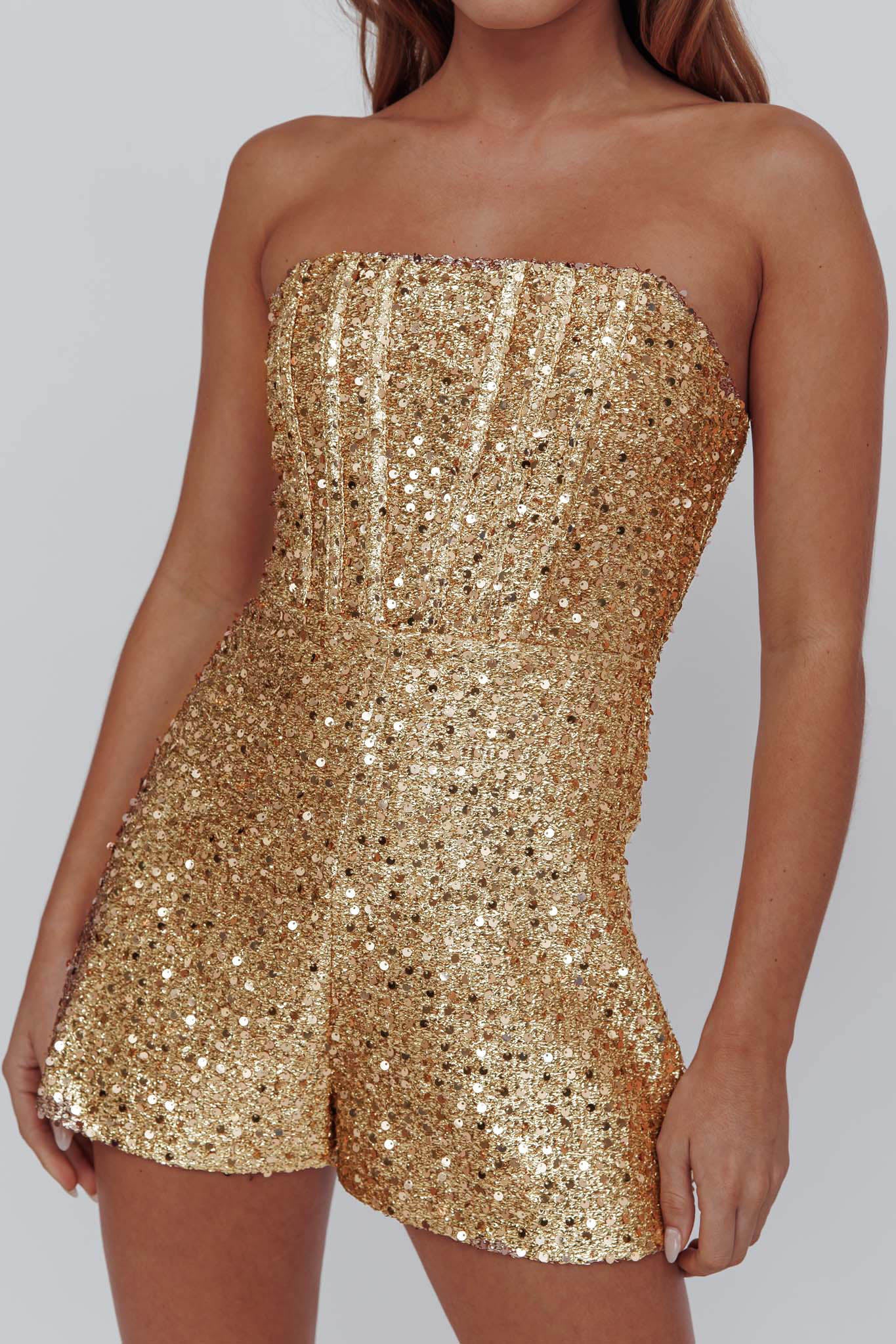Vivid Dreams Strapless Sequin Romper Gold | Selfie Leslie Vivid Dreams Strapless Sequin Romper Gold | Selfie Leslie