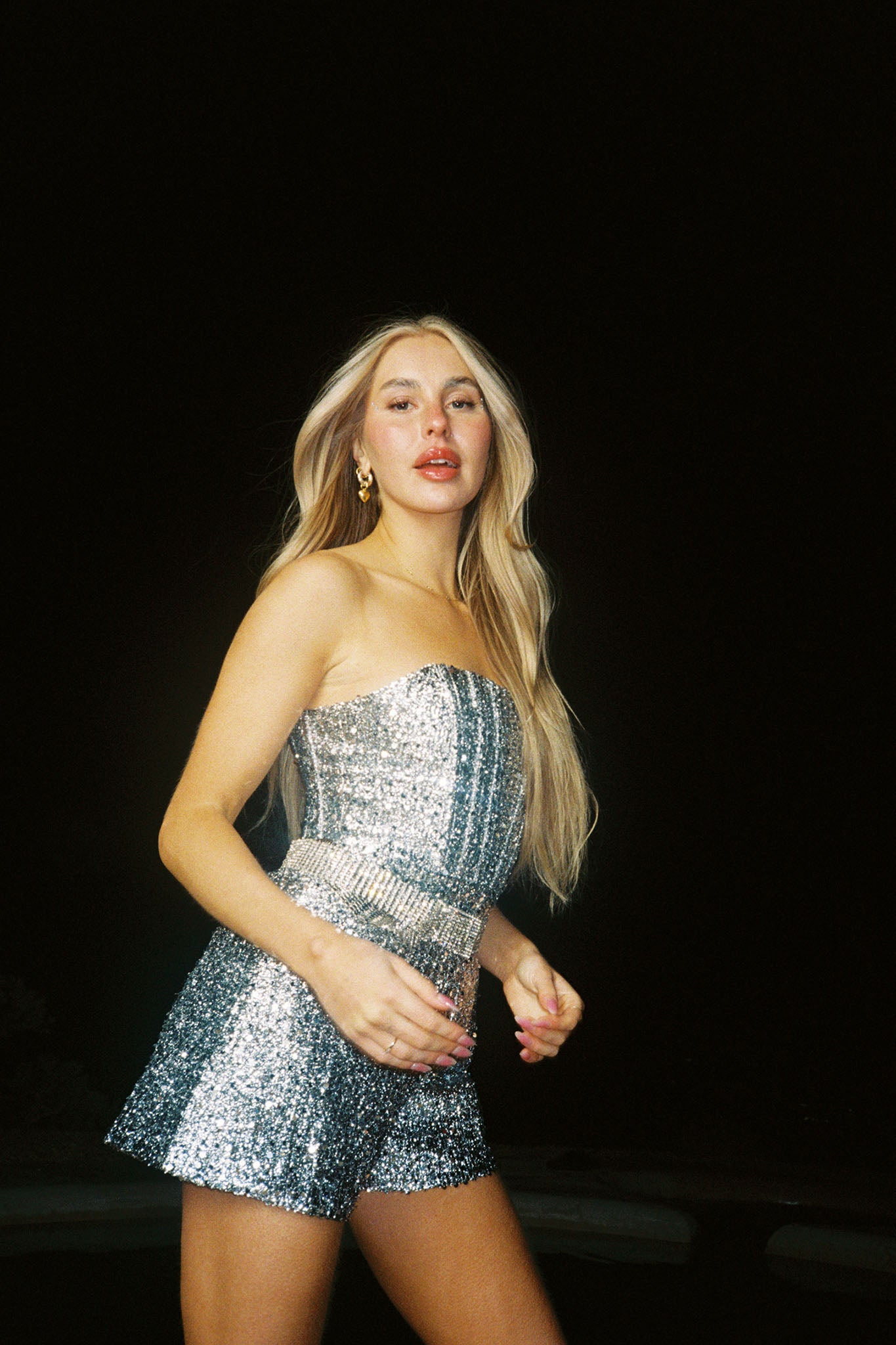 Vivid Dreams Strapless Sequin Romper Silver by Selfie Leslie