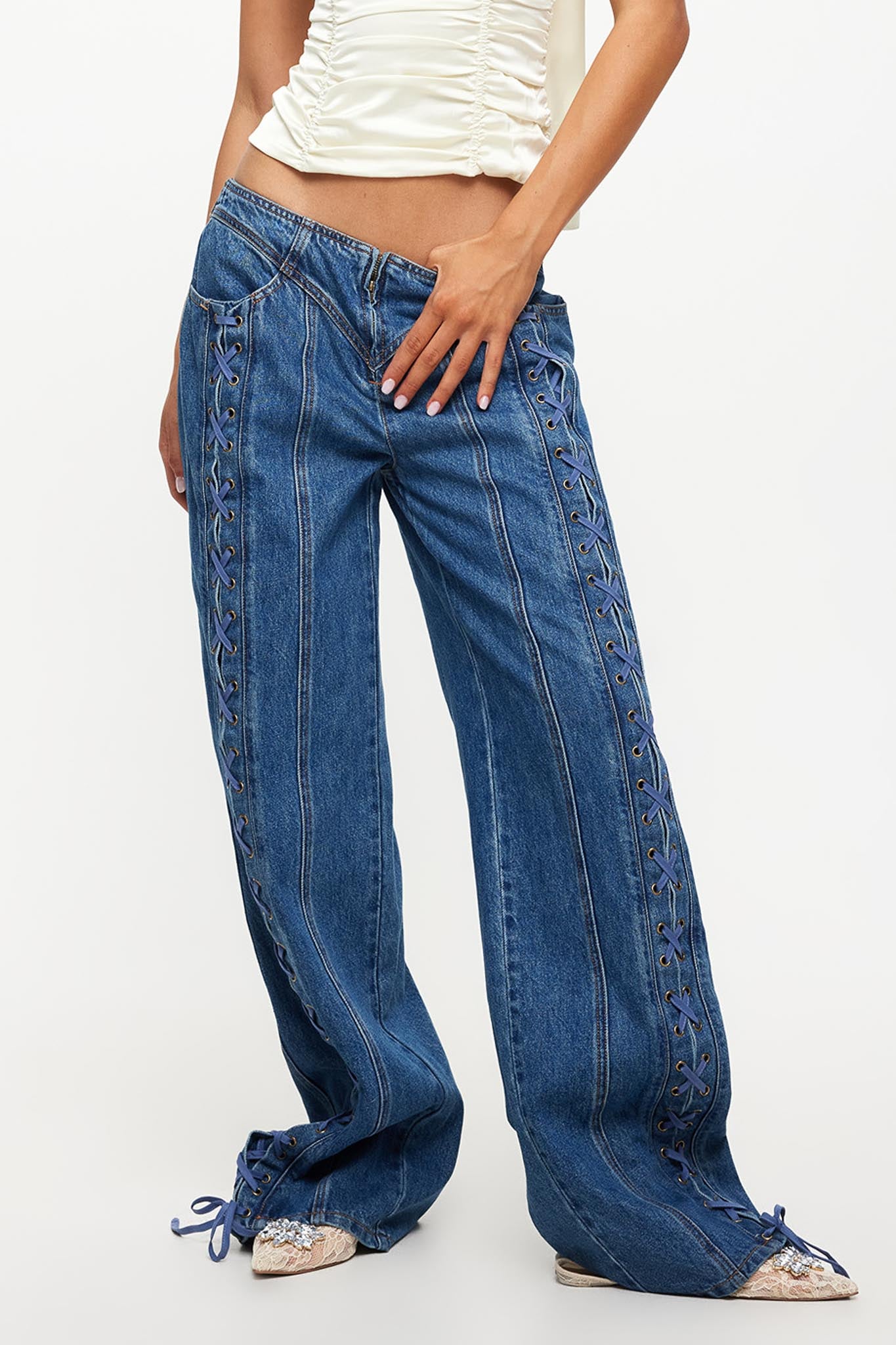 LIONESS Daydream Tie-Up Jeans Blue Denim | Selfie Leslie