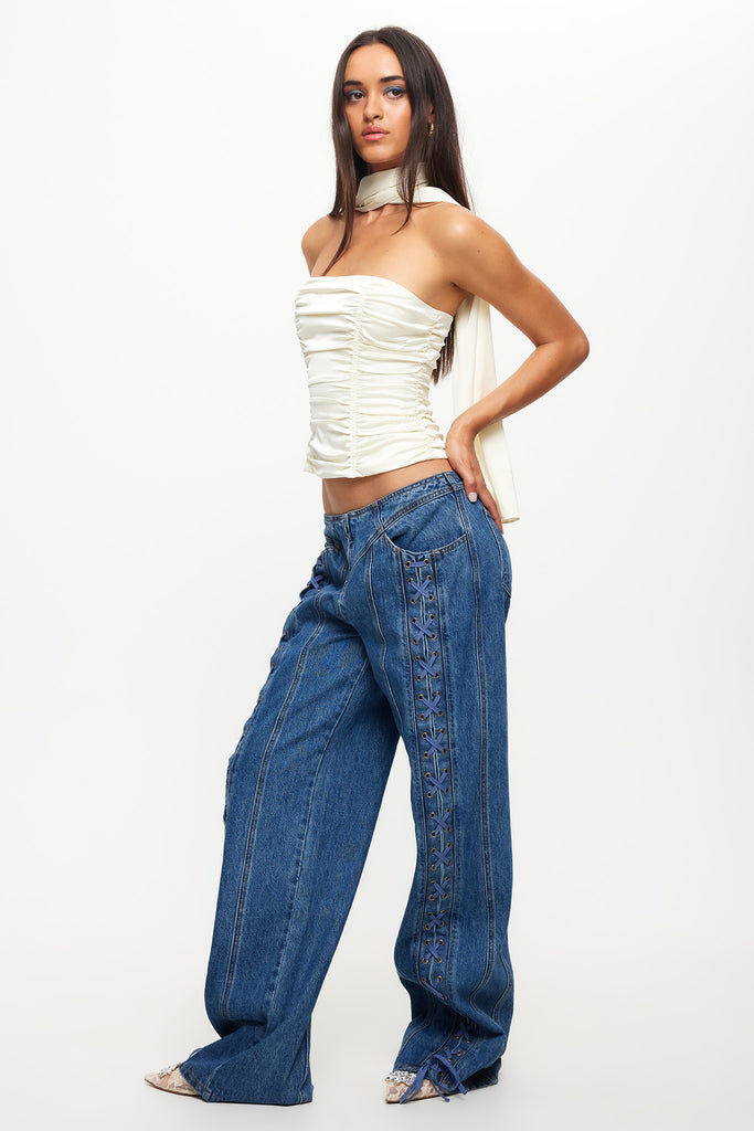 Shop the LIONESS Daydream Tie-Up Jeans Blue Denim