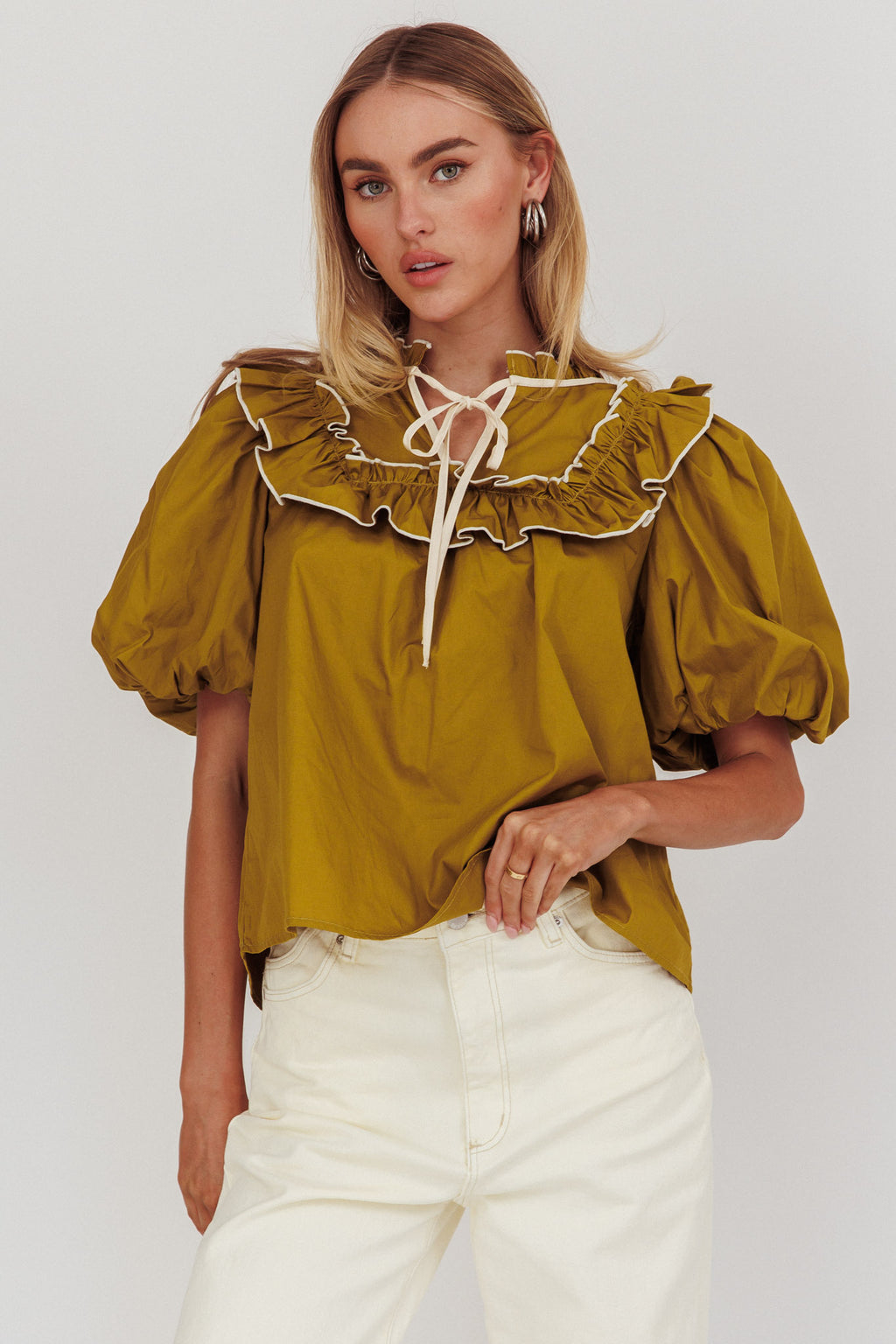 Remarkable Puff Sleeve Tied Neck Top Olive by Selfie Leslie