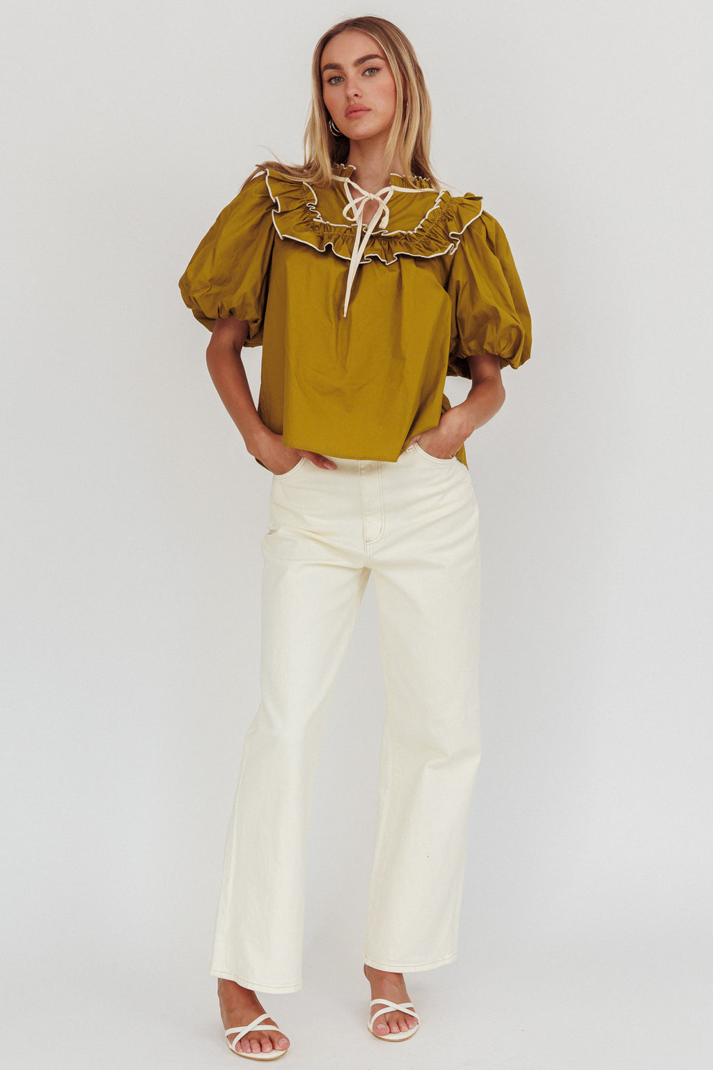 Remarkable Puff Sleeve Tied Neck Top Olive by Selfie Leslie