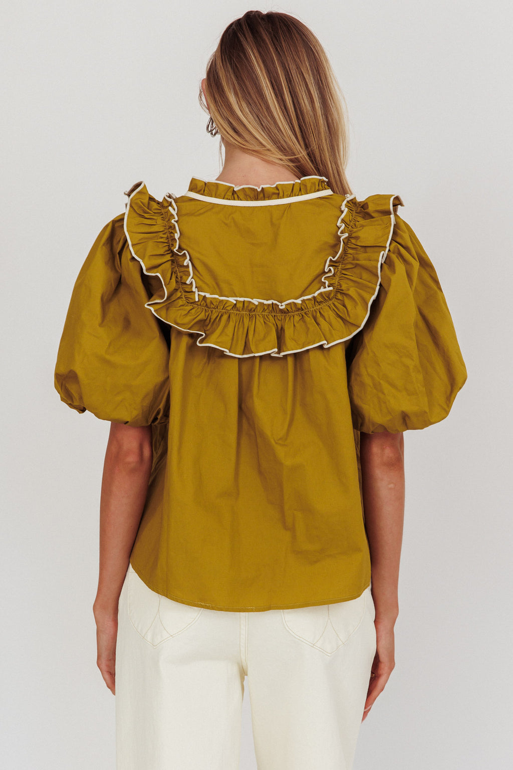 Remarkable Puff Sleeve Tied Neck Top Olive by Selfie Leslie