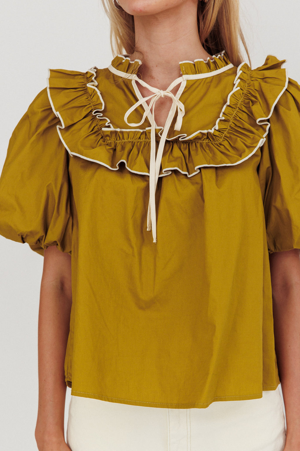 Remarkable Puff Sleeve Tied Neck Top Olive by Selfie Leslie