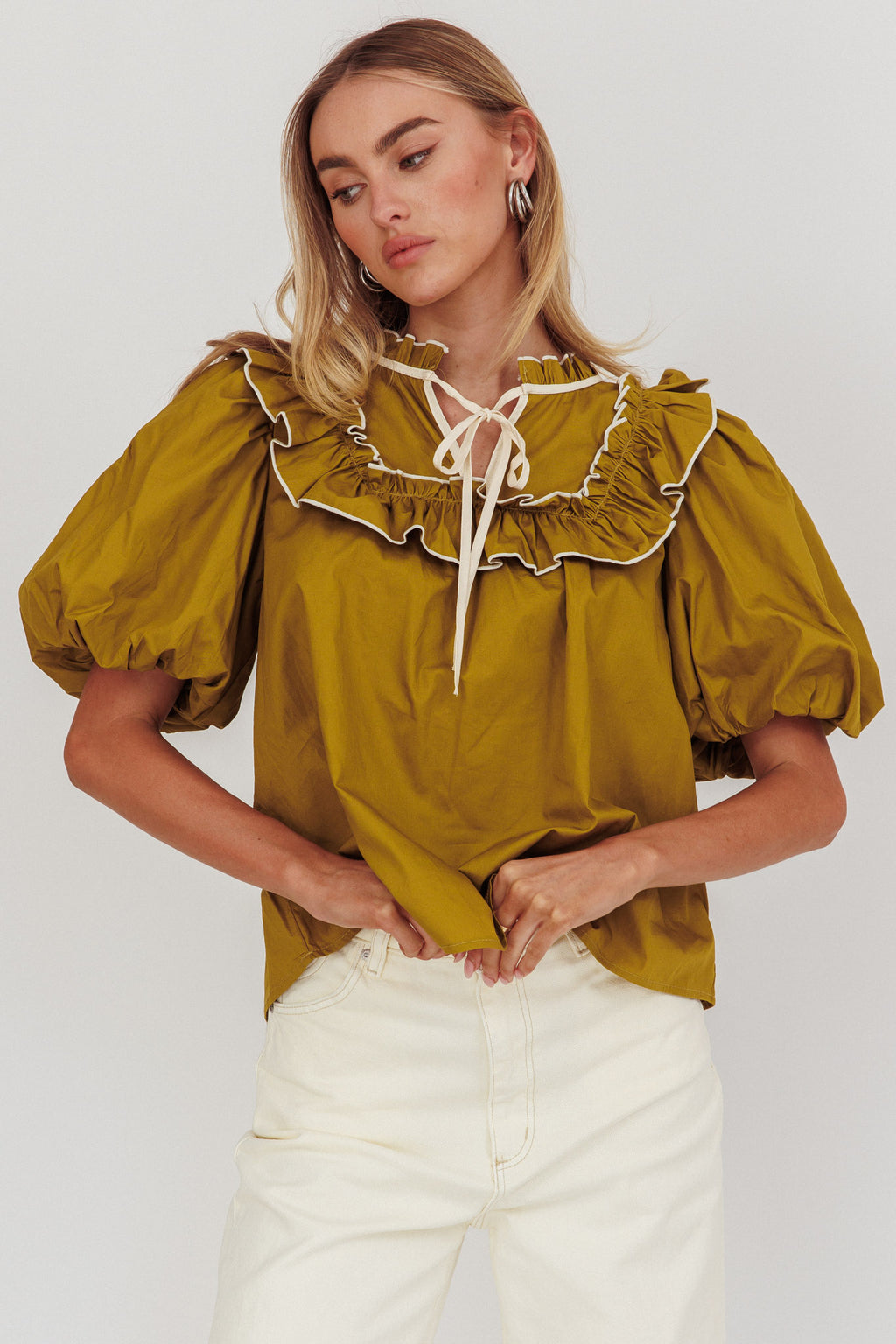 Remarkable Puff Sleeve Tied Neck Top Olive by Selfie Leslie